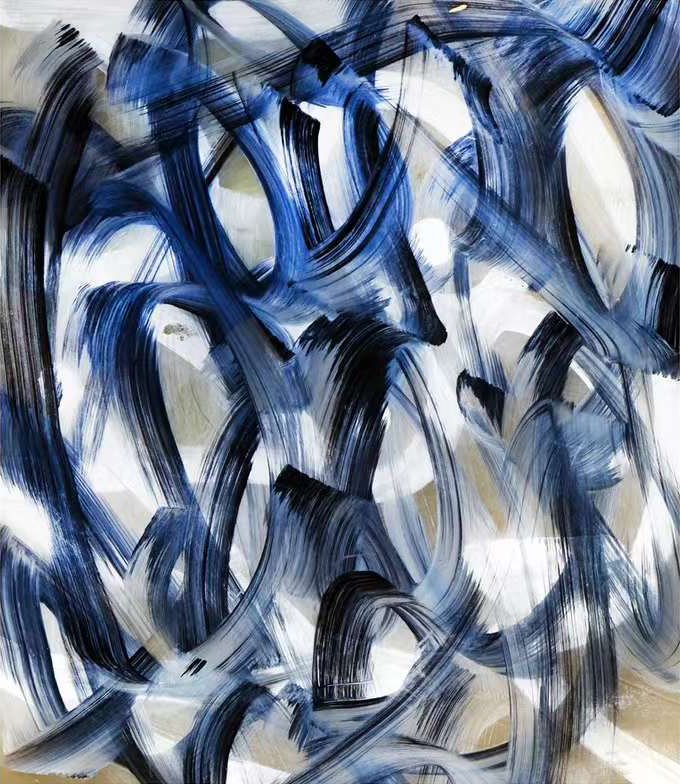 Abstract oil painting of sweeping blue and black brush strokes on white