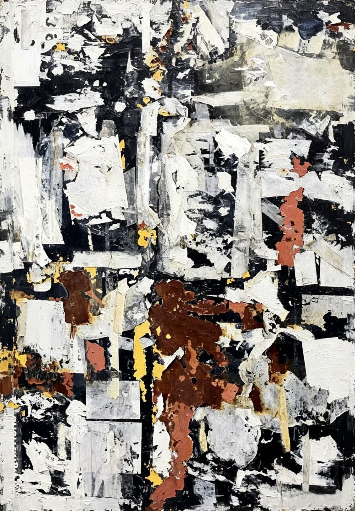 Abstract oil painting with heavy impasto layers in black, white, rust and yellow