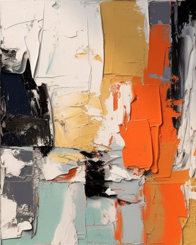 Abstract oil painting with bold palette-knife blocks in orange, teal, black and cream