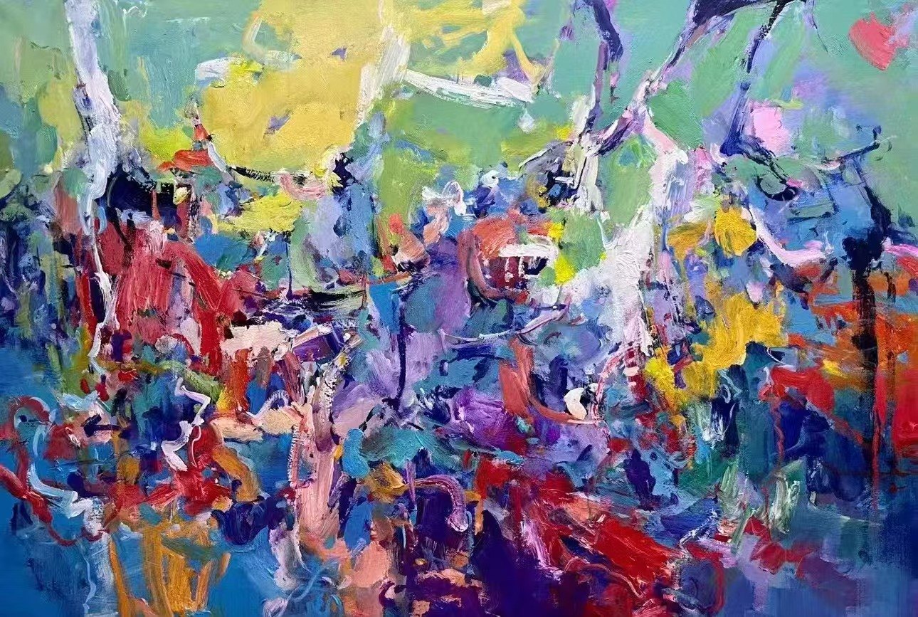 Dense abstract oil painting in vivid green, yellow, red and blue with thick impasto brushwork