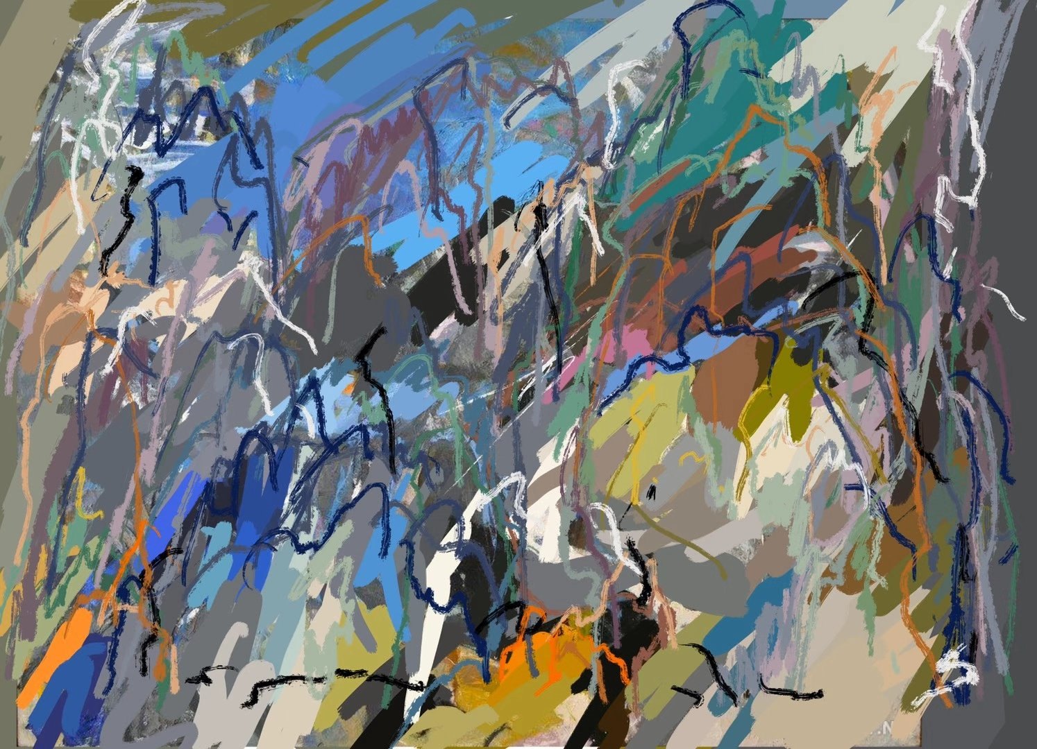 Gestural abstract painting in soft grey, blue and olive with red and orange accents