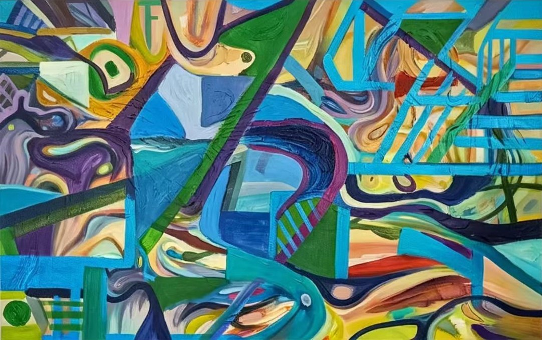 Bright abstract painting with cyan geometric lines, flowing organic forms and green accents