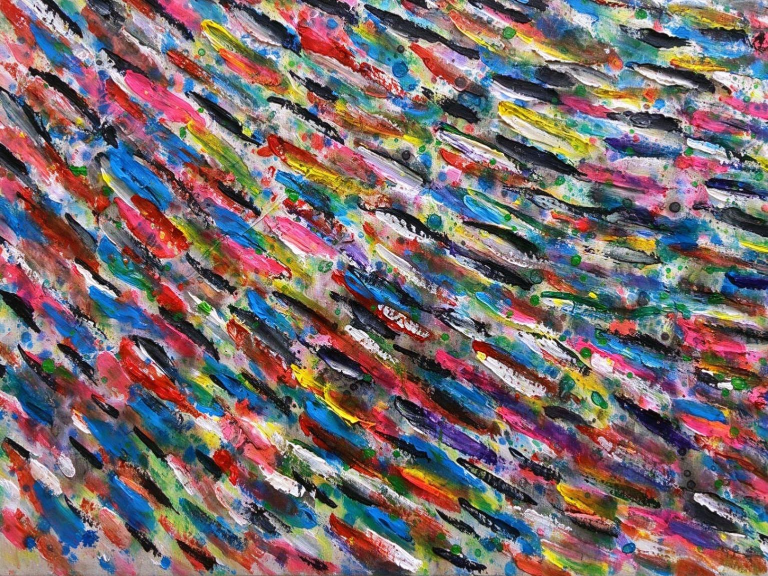 Abstract painting of dense diagonal brush strokes in rainbow colours on a pale ground