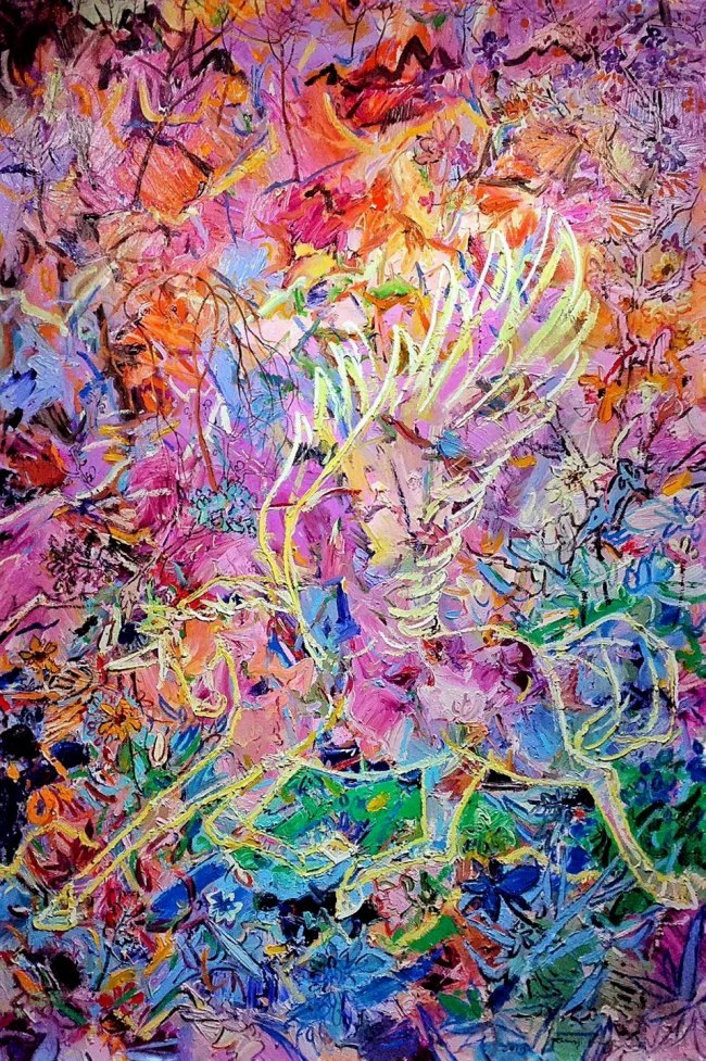 Dense abstract painting of a wildflower field in pink, purple, orange and green with pale looping stems