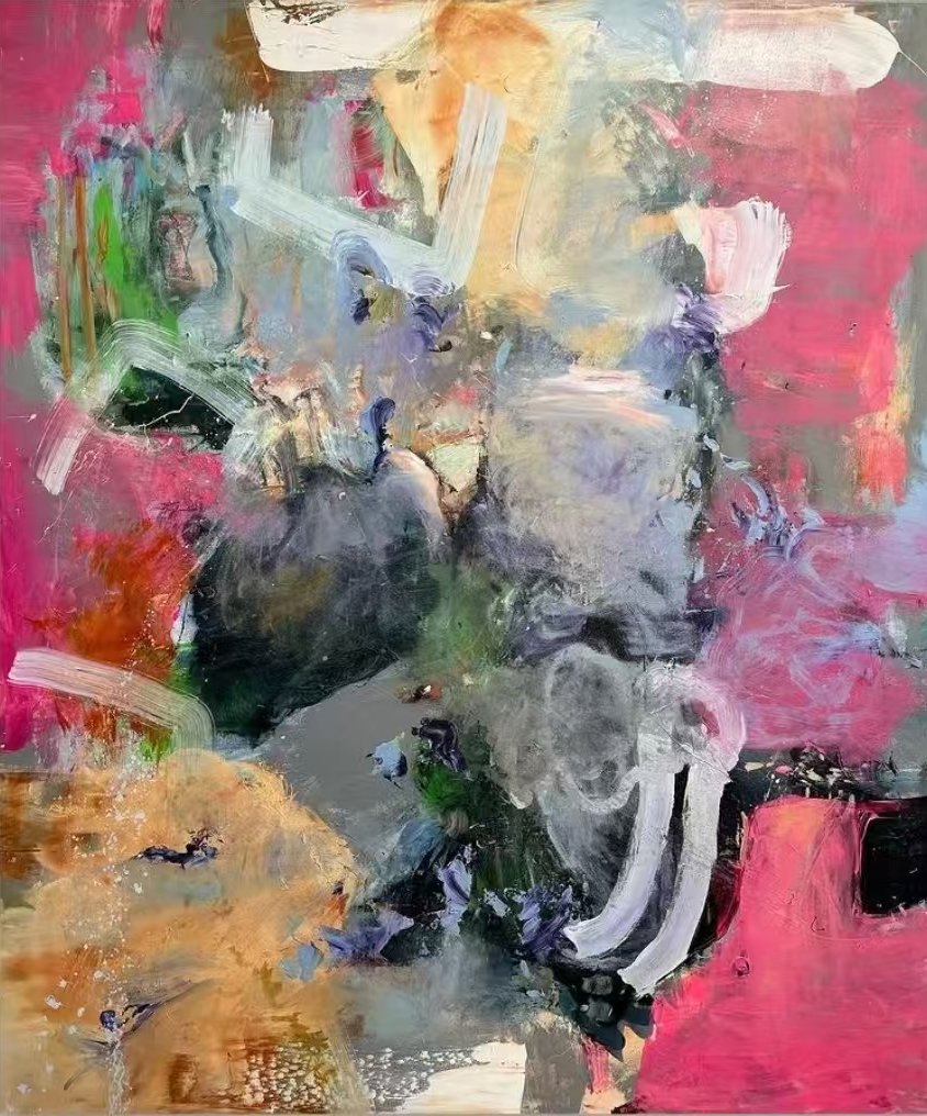Heavily textured abstract painting in magenta, grey and black with sweeping white strokes