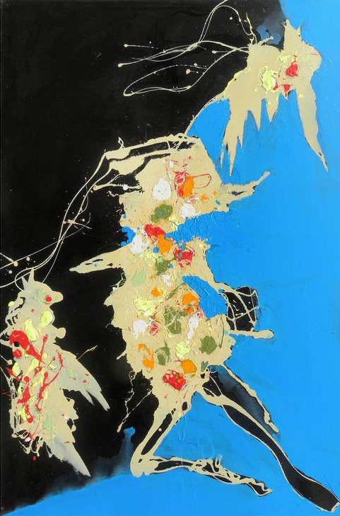 Abstract painting in deep black and bright blue with pale beige splattered forms