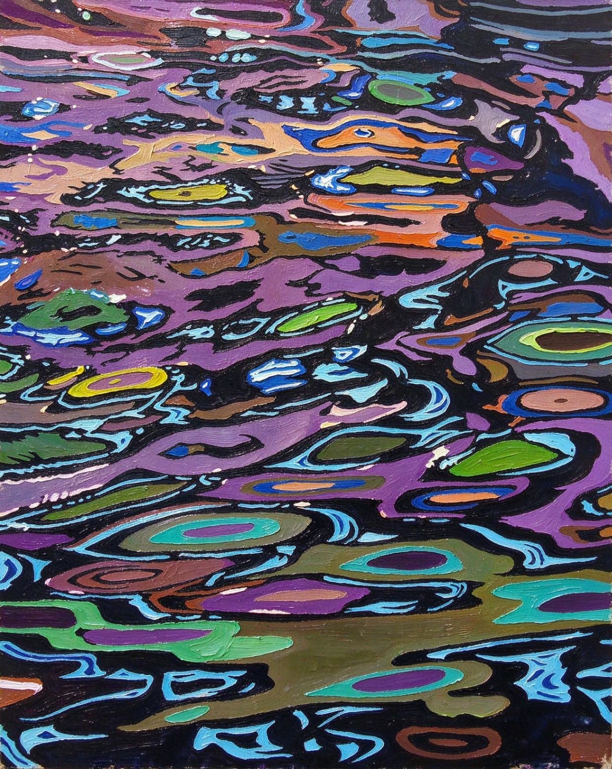 Thick impasto abstract painting of purple and violet swirls with oval colour pools