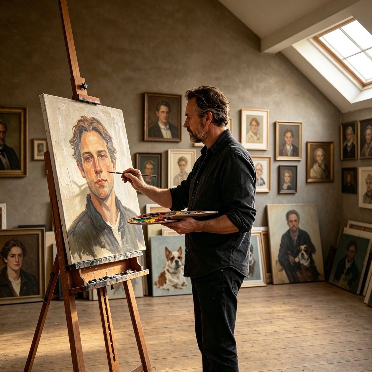 Studio artist painting an oil portrait at the easel, surrounded by finished portraits