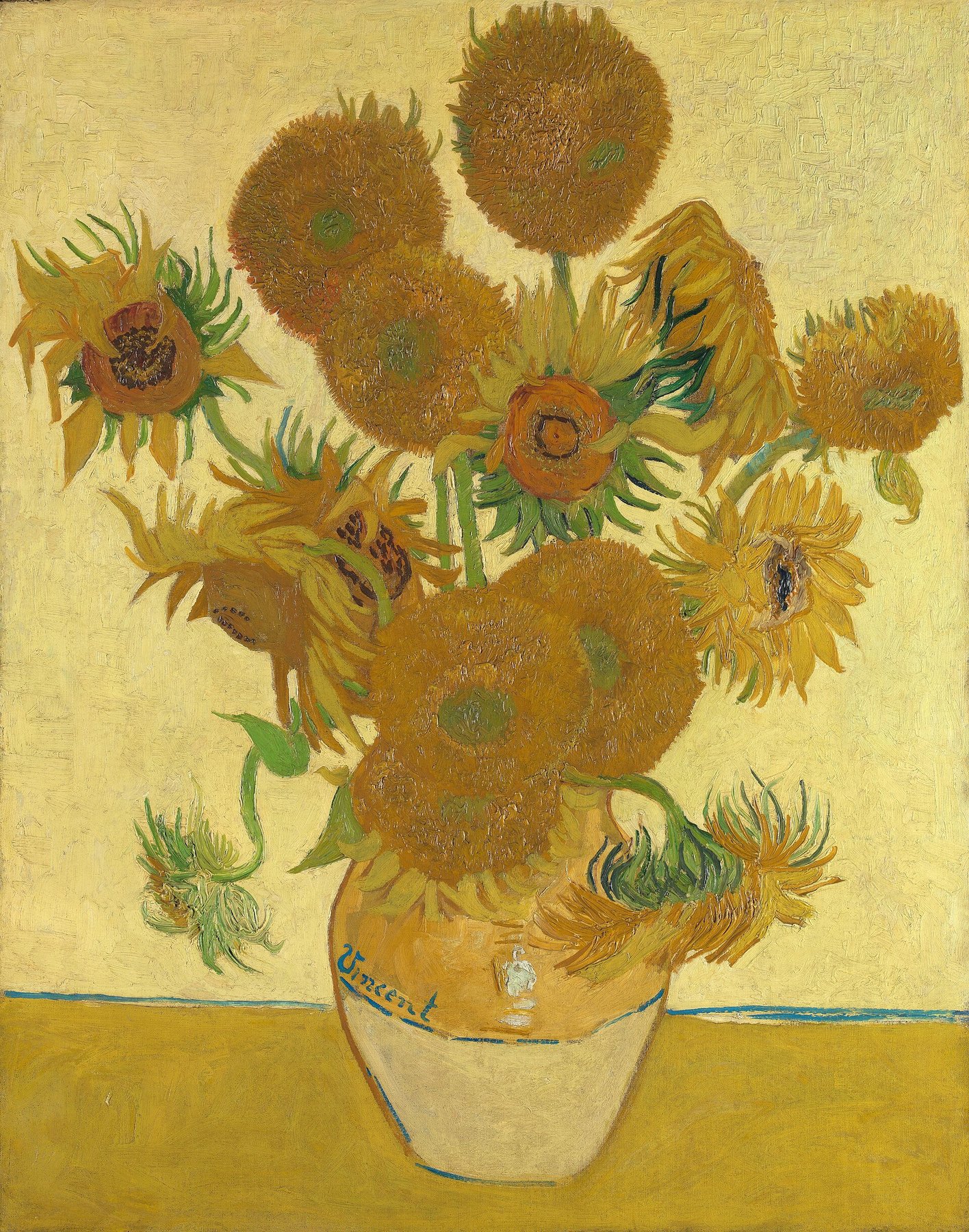 Hand-painted oil reproduction of Vincent van Gogh Sunflowers, 1888 still life of fifteen sunflowers in a yellow vase in thick impasto yellows and ochres
