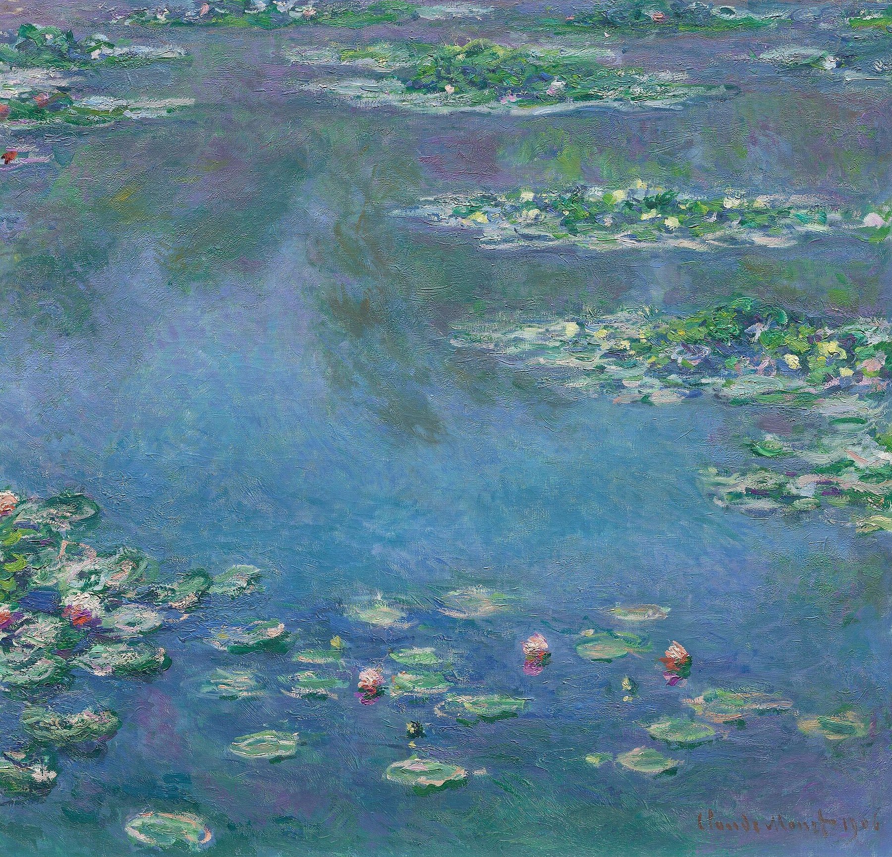 Hand-painted oil reproduction of Claude Monet Water Lilies, 1906 impressionist pond scene with floating lily pads and reflected clouds in violet and green