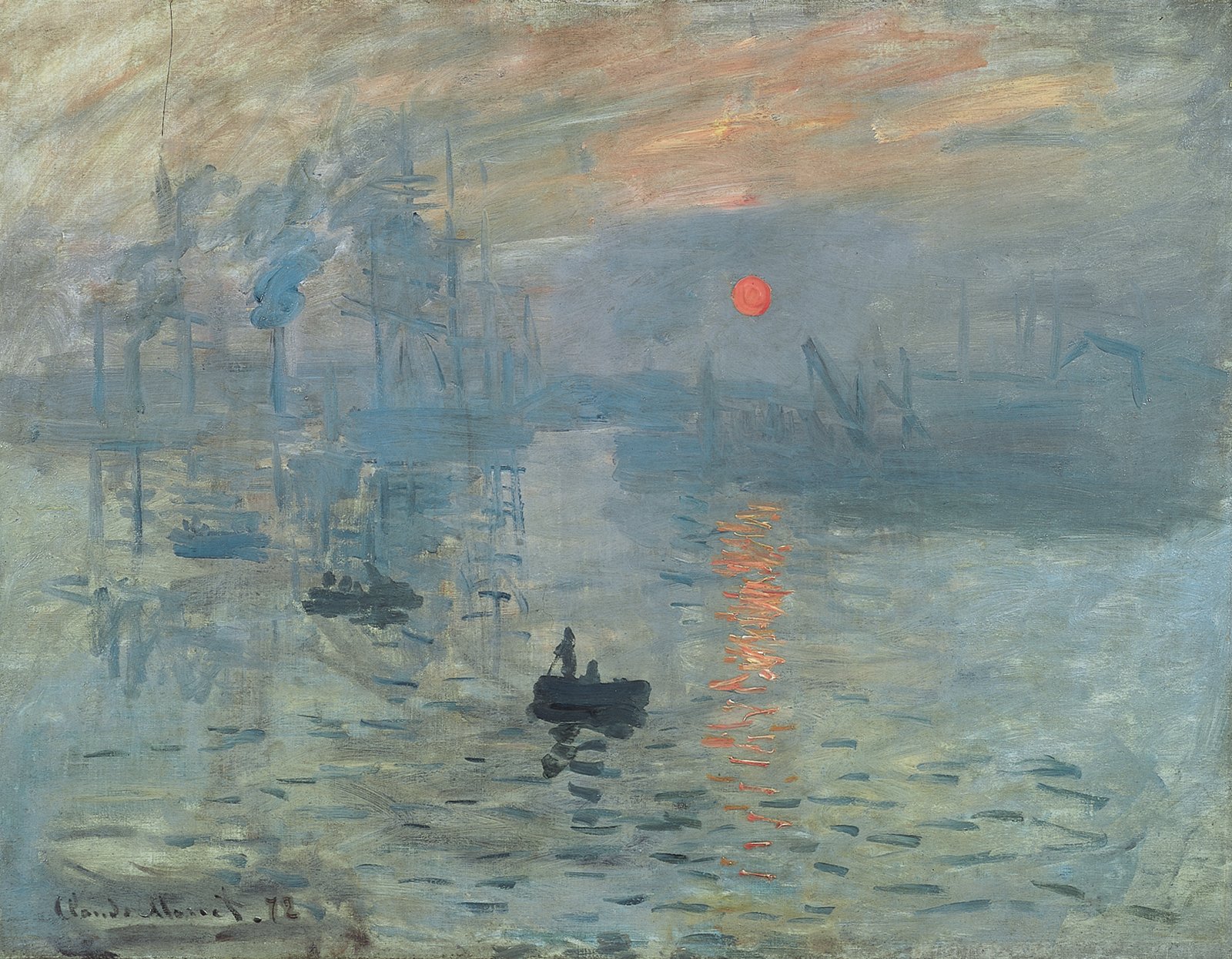 Hand-painted oil reproduction of Impression Sunrise, the 1872 Claude Monet harbour scene at Le Havre with an orange sun over hazy blue water