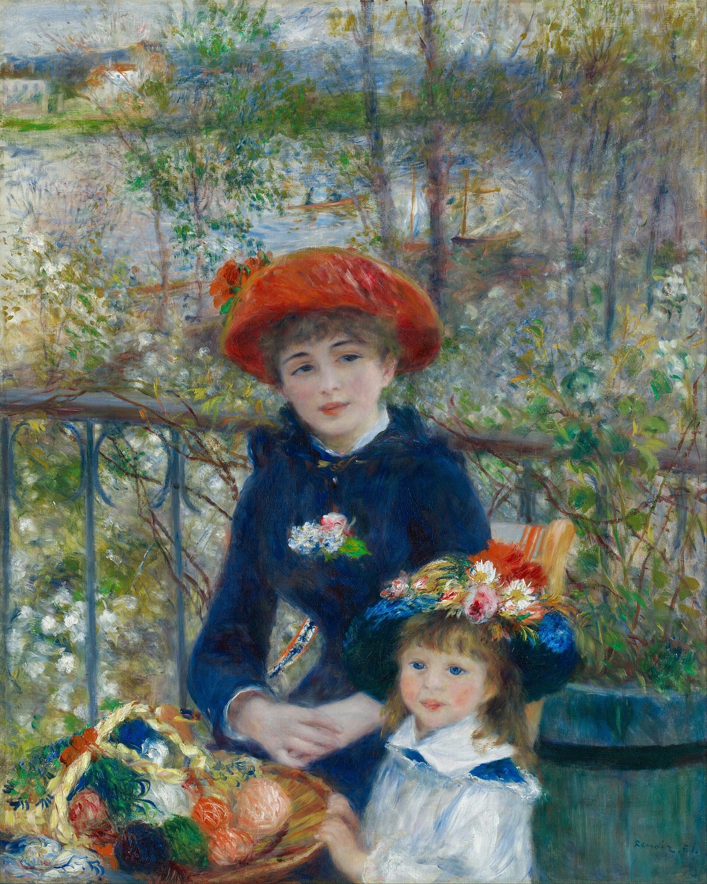 Hand-painted oil reproduction of Two Sisters On the Terrace, the 1881 Pierre-Auguste Renoir impressionist painting of two young women with a basket of flowers