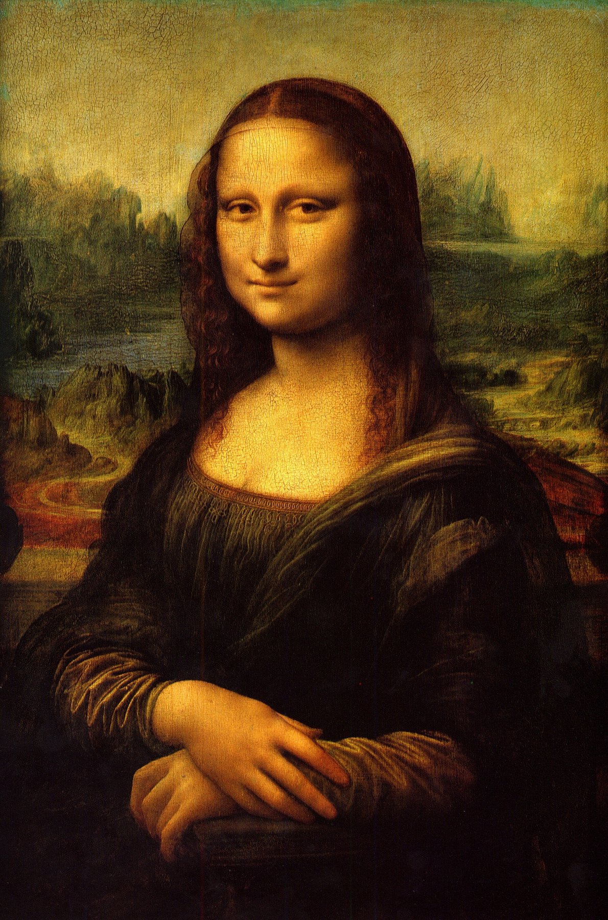 Hand-painted oil reproduction of the Mona Lisa, Leonardo da Vinci portrait of Lisa Gherardini with the famous subtle smile against a misty landscape