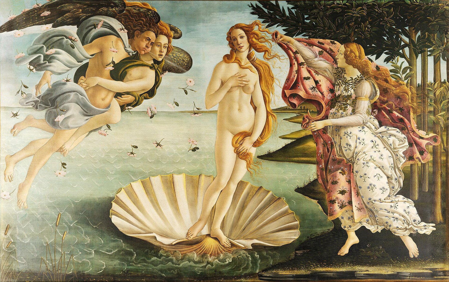 Hand-painted oil reproduction of The Birth of Venus, Sandro Botticelli Renaissance masterpiece of Venus arriving on a shell amid flowing hair and wind gods