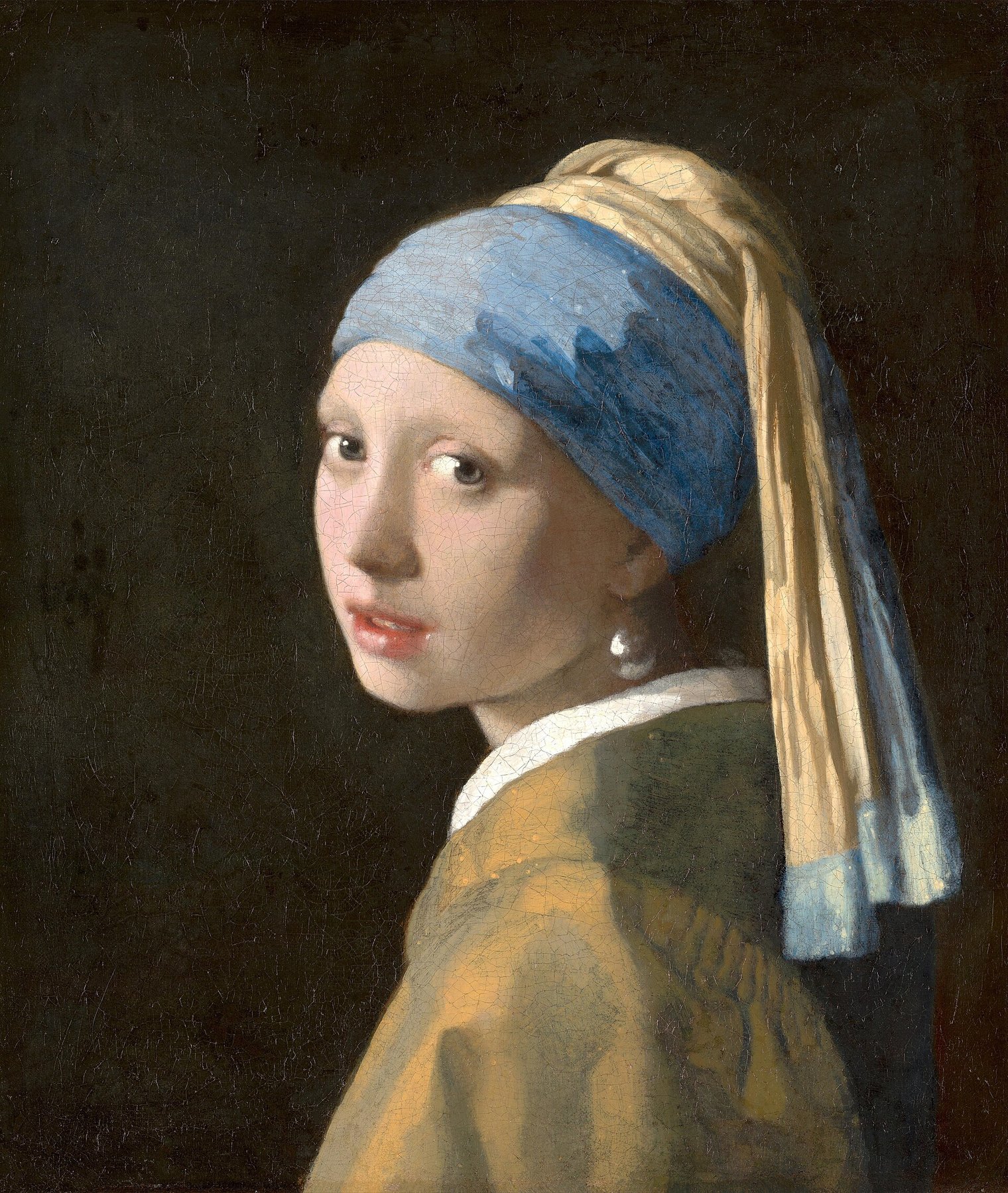 Hand-painted oil reproduction of Girl with a Pearl Earring, the 1665 Johannes Vermeer portrait of a young woman in blue and gold turban turning toward the light