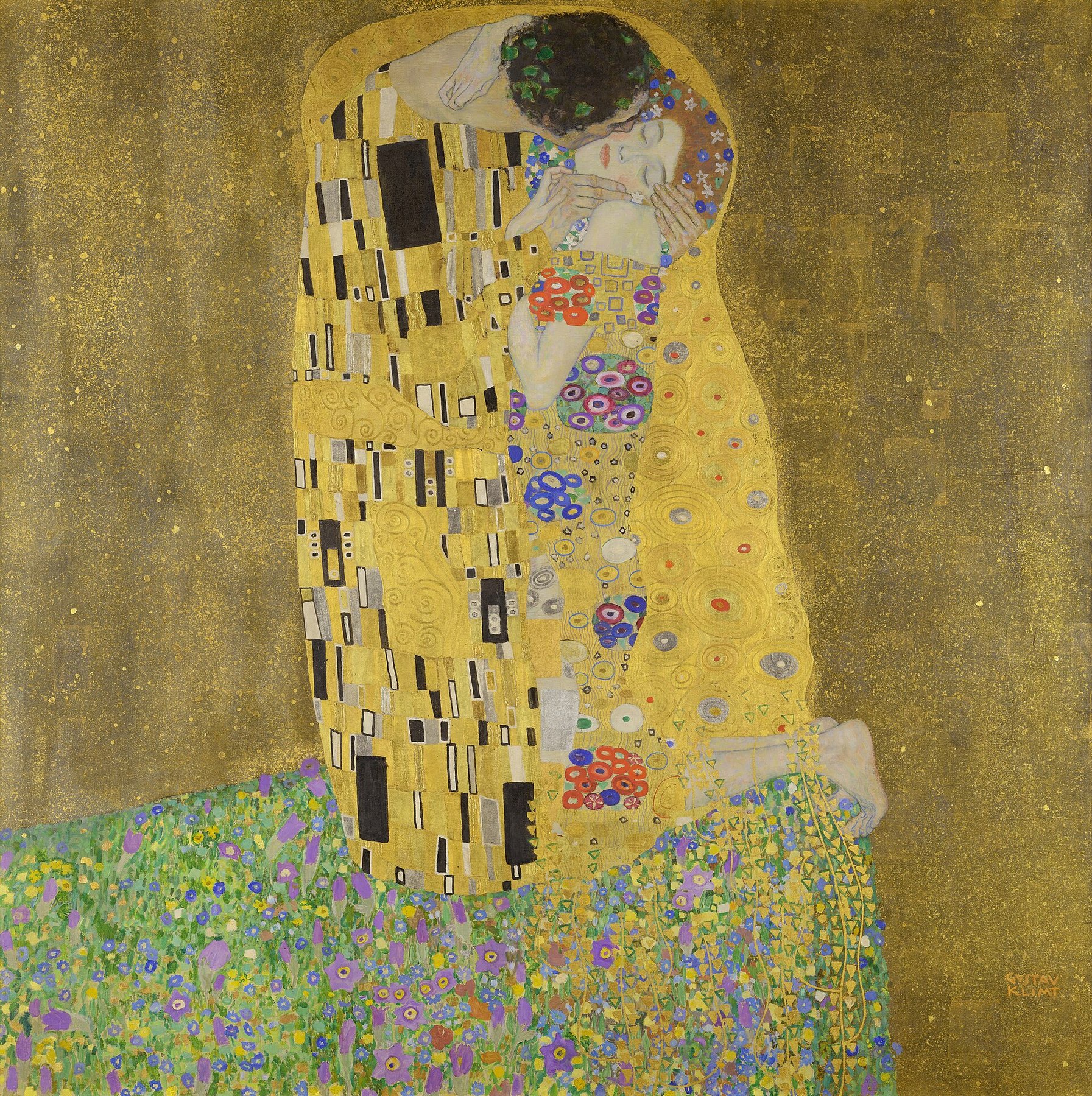 Hand-painted oil reproduction of The Kiss by Gustav Klimt, golden couple embracing in ornamental robes on a flower meadow