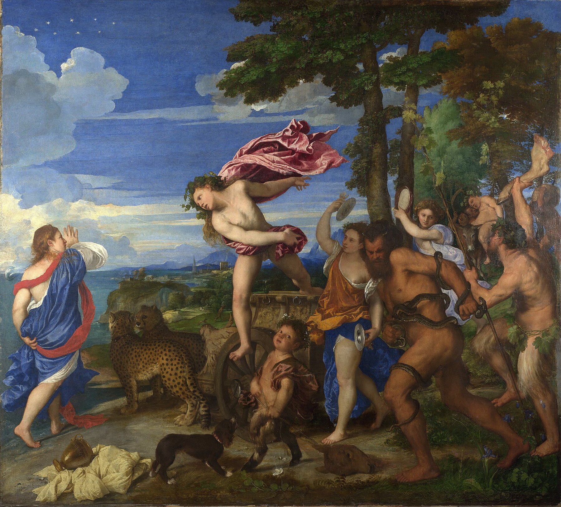 Hand-painted oil reproduction of Bacchus and Ariadne, Titian mythological scene of the god leaping from a leopard-drawn chariot on the shore of Naxos