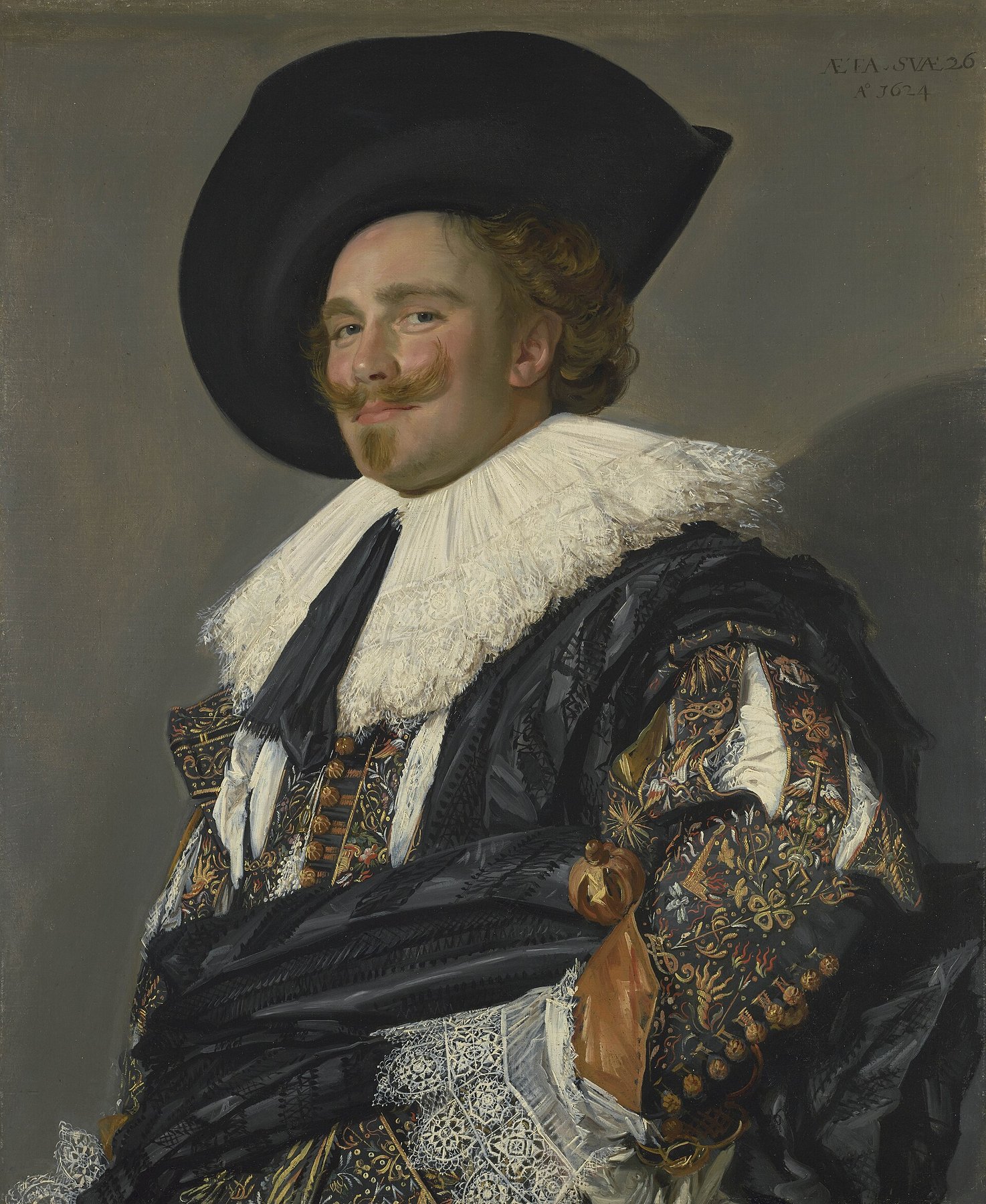 Hand-painted oil reproduction of The Laughing Cavalier, Frans Hals portrait of a young man in an enormous lace collar and embroidered coat
