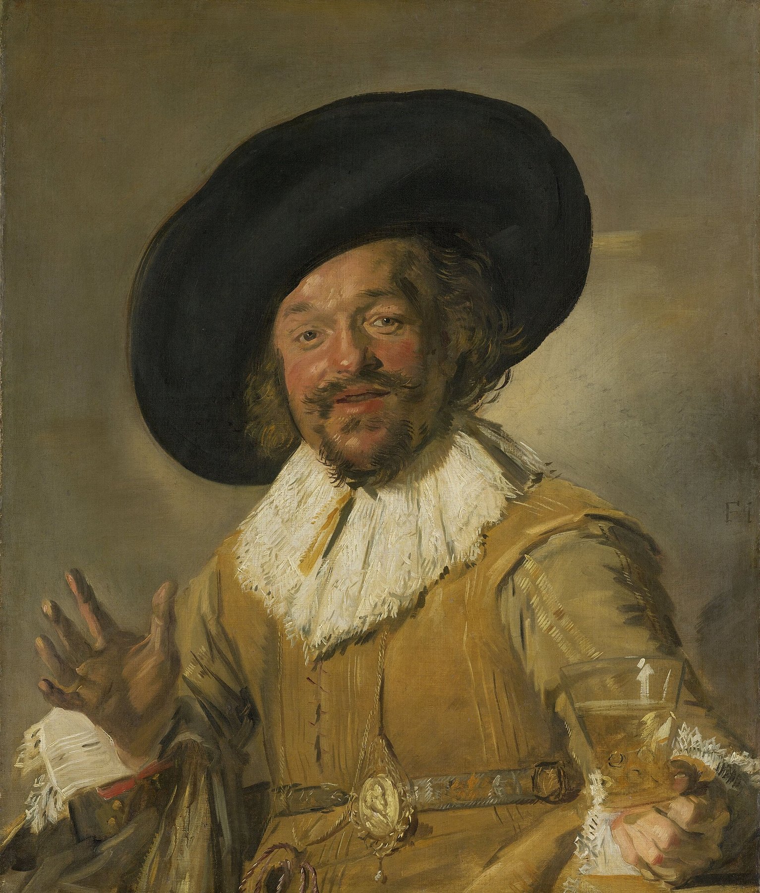 Hand-painted oil reproduction of The Merry Drinker, Frans Hals militia man raising a glass of beer with a flushed face and loose brushwork