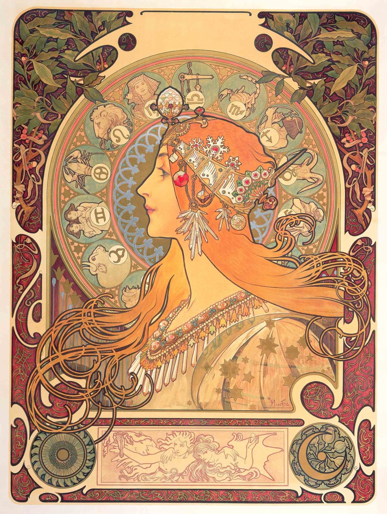 Hand-painted oil reproduction of Mucha Zodiac, Art Nouveau profile of a woman above a band of stars and zodiac signs framed in gold and lilies