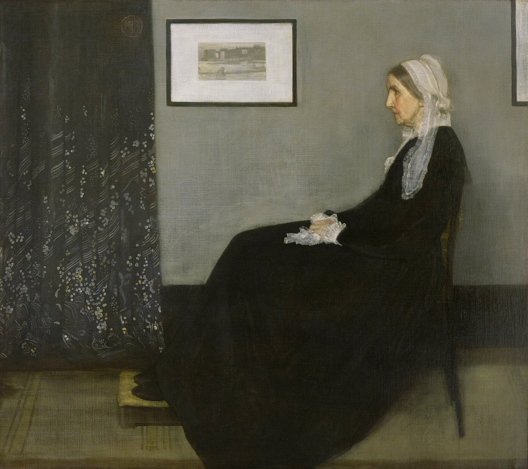 Hand-painted oil reproduction of Whistler’s Mother, an old woman seated in profile in a narrow range of greys, curtain and framed print behind her
