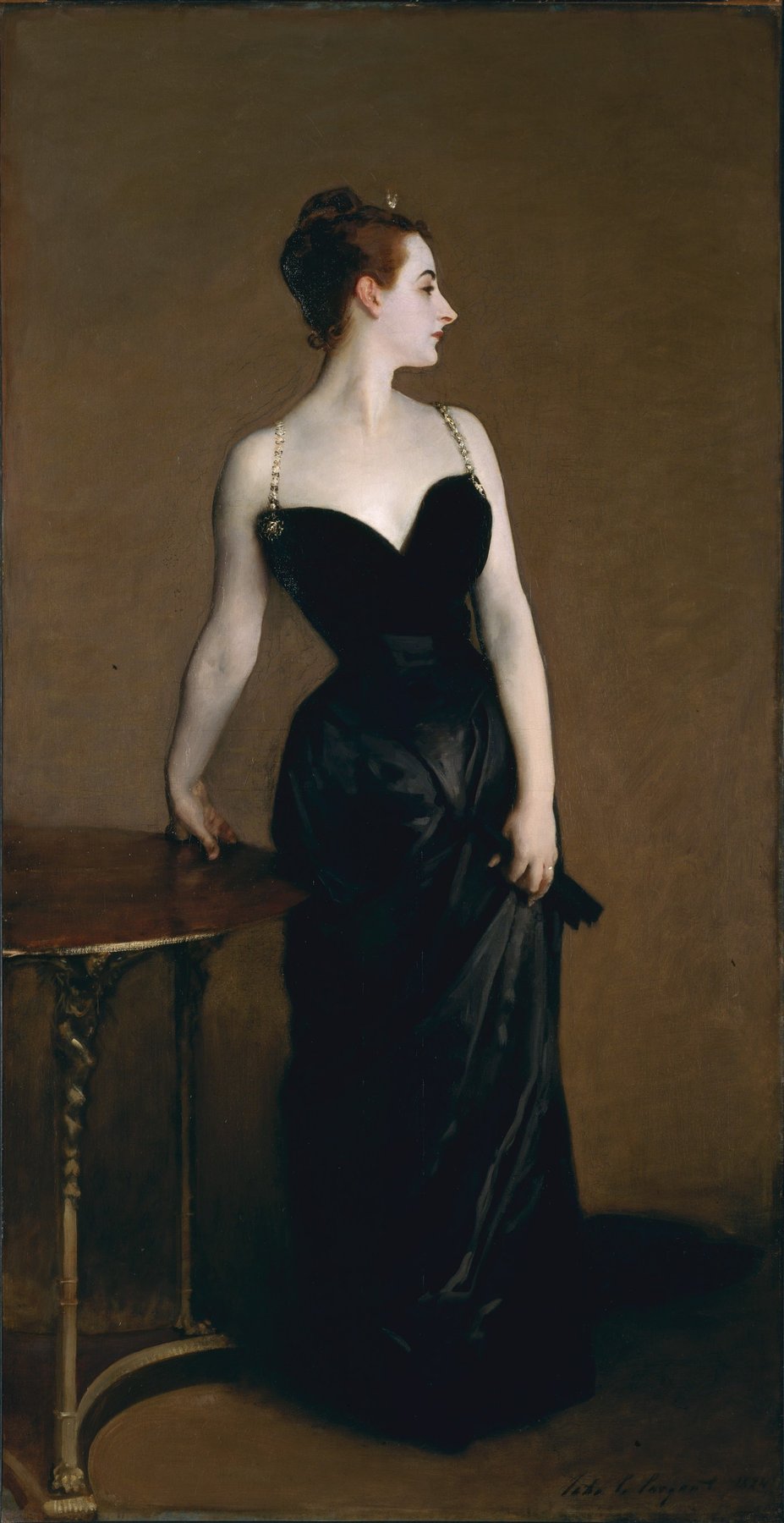 Hand-painted oil reproduction of Madame X, Sargent portrait of Virginie Gautreau in a black gown with one strap fallen from her shoulder