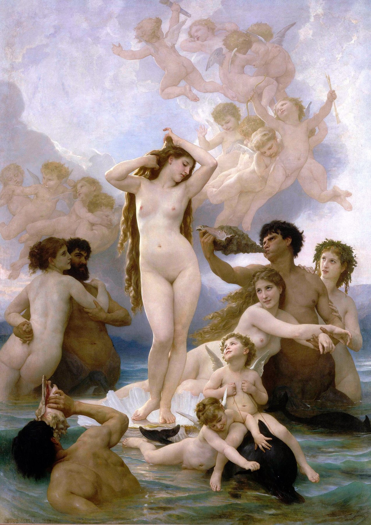 Hand-painted oil reproduction of Bouguereau The Birth of Venus, the goddess rising on a shell surrounded by cherubs and sea creatures