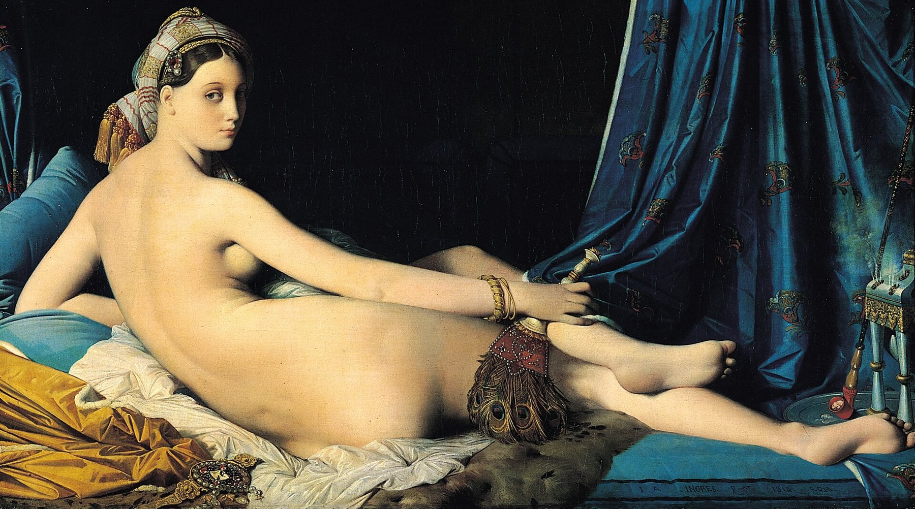 Hand-painted oil reproduction of La Grande Odalisque, Ingres reclining nude turning her head over her shoulder with a peacock fan