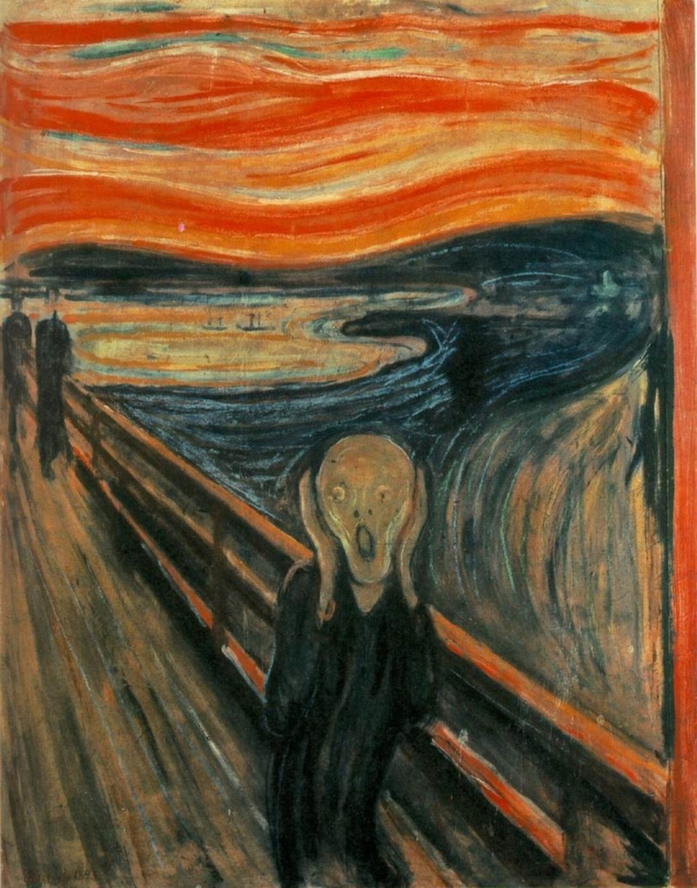 Hand-painted oil reproduction of The Scream, Edvard Munch 1893 expressionist figure on a bridge beneath a swirling blood-orange sky