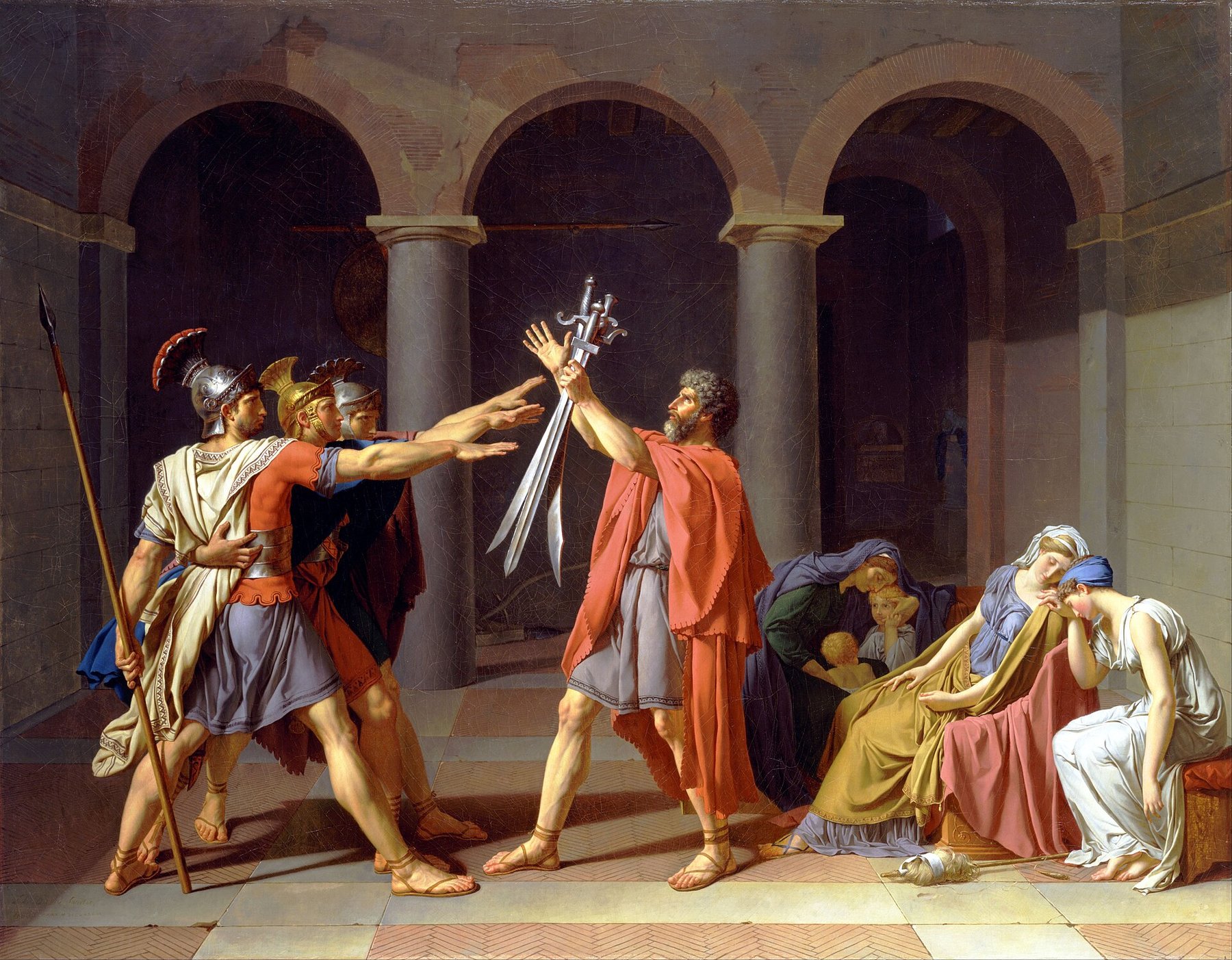 Hand-painted oil reproduction of Oath of the Horatii, David three brothers swearing on their father’s swords while the women grieve