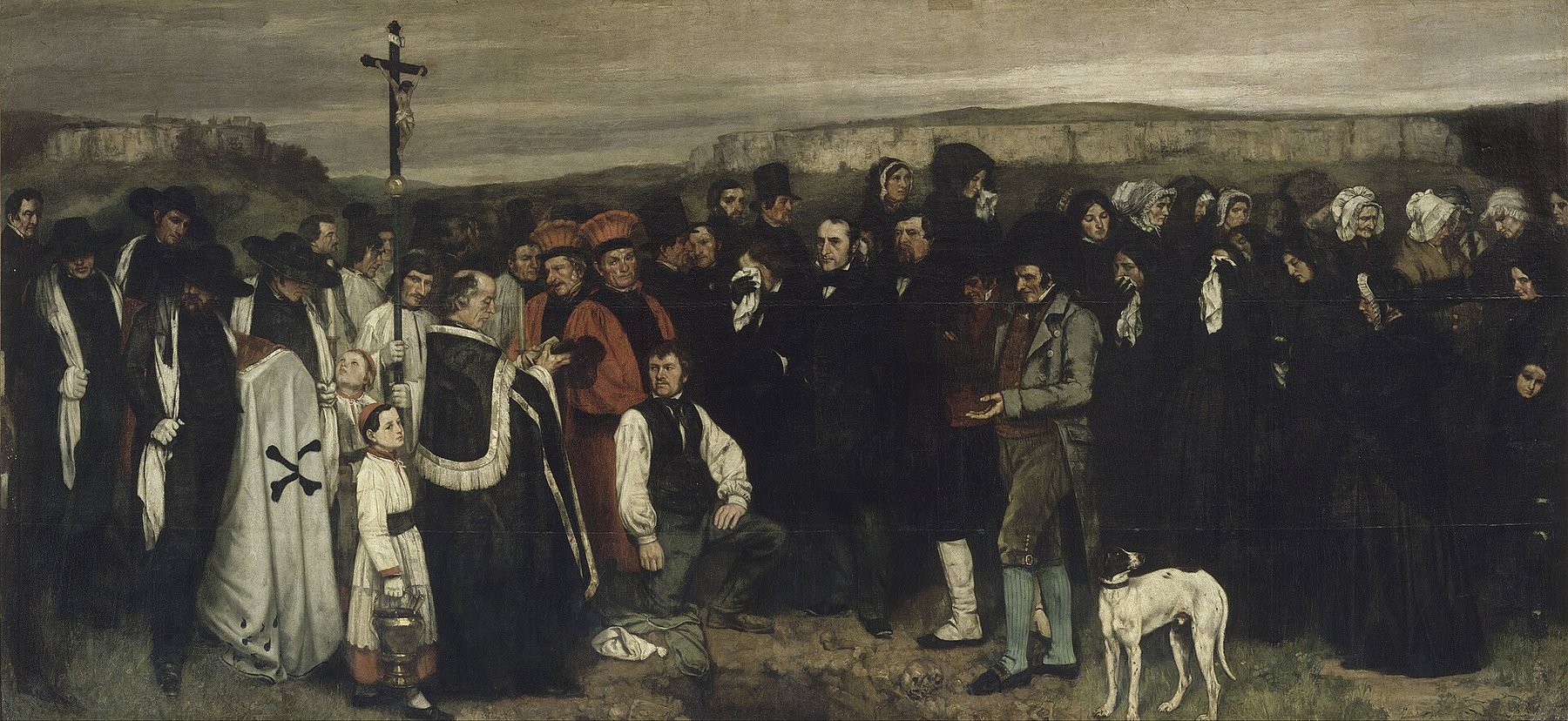 Hand-painted oil reproduction of A Burial at Ornans, Courbet village funeral around an open grave in a flat Jura landscape