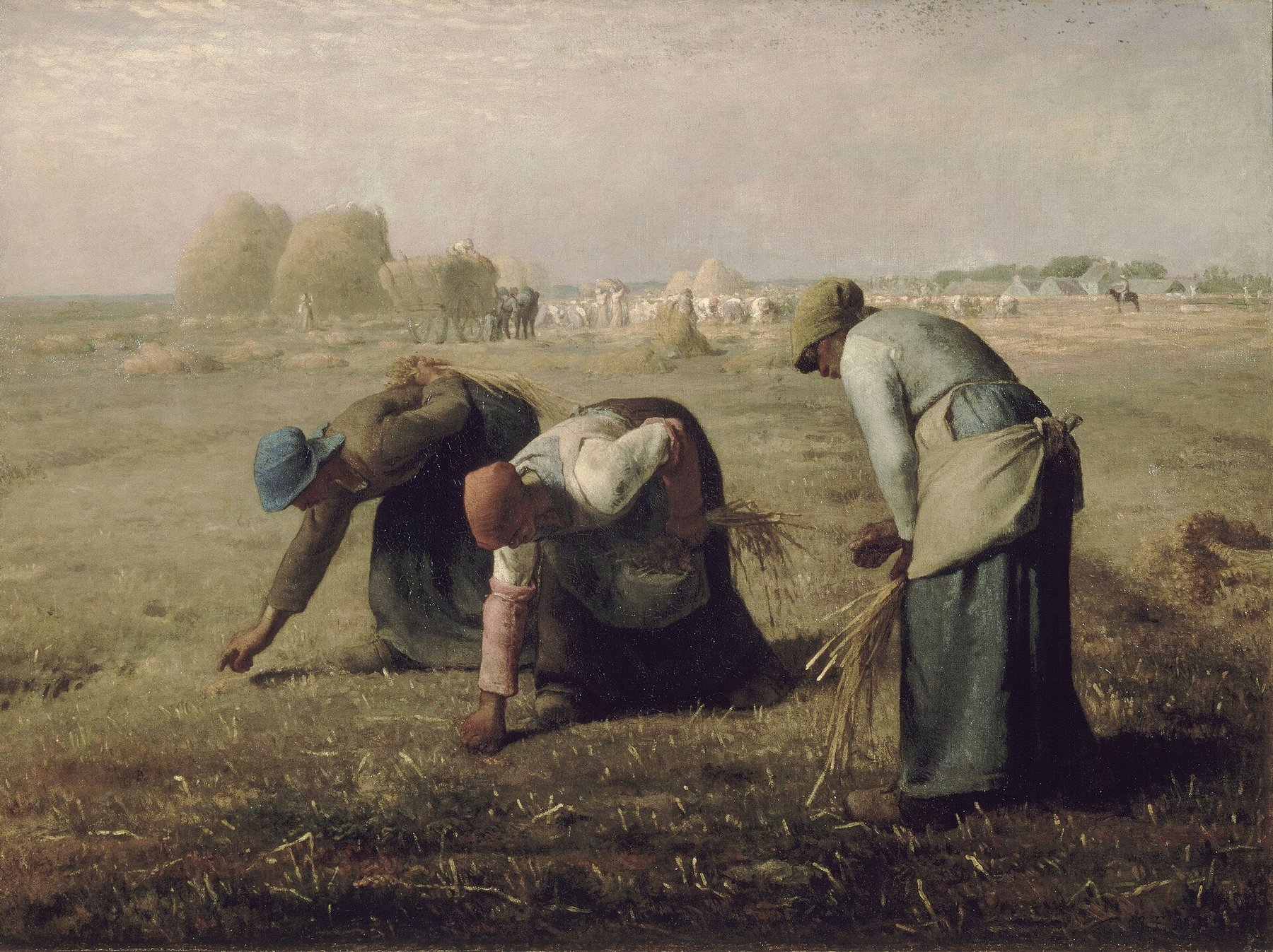 Hand-painted oil reproduction of The Gleaners, Millet three women stooping to pick leftover grain in a harvested field