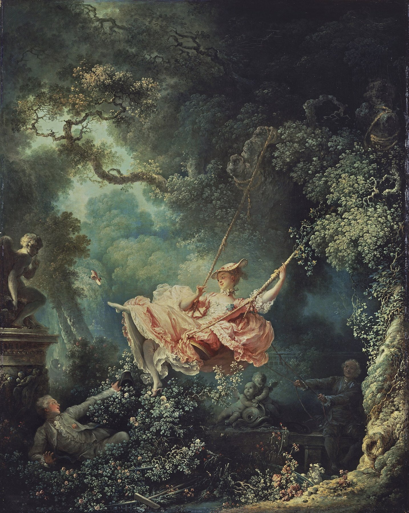 Hand-painted oil reproduction of The Swing, Fragonard young woman swinging above a garden while a hidden lover watches from the bushes