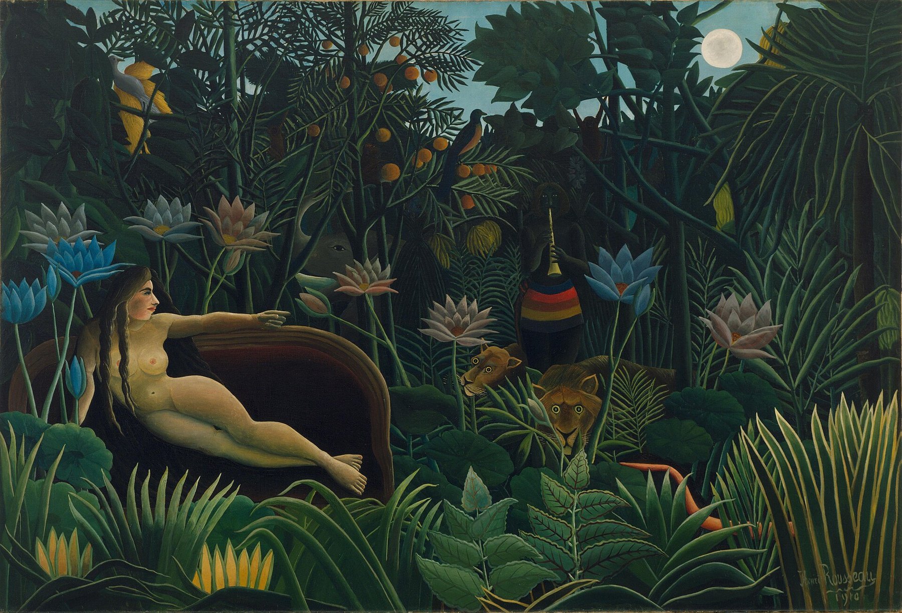 Hand-painted oil reproduction of The Dream, Rousseau nude reclining on a velvet sofa in a jungle of giant flowers, a lion and a snake