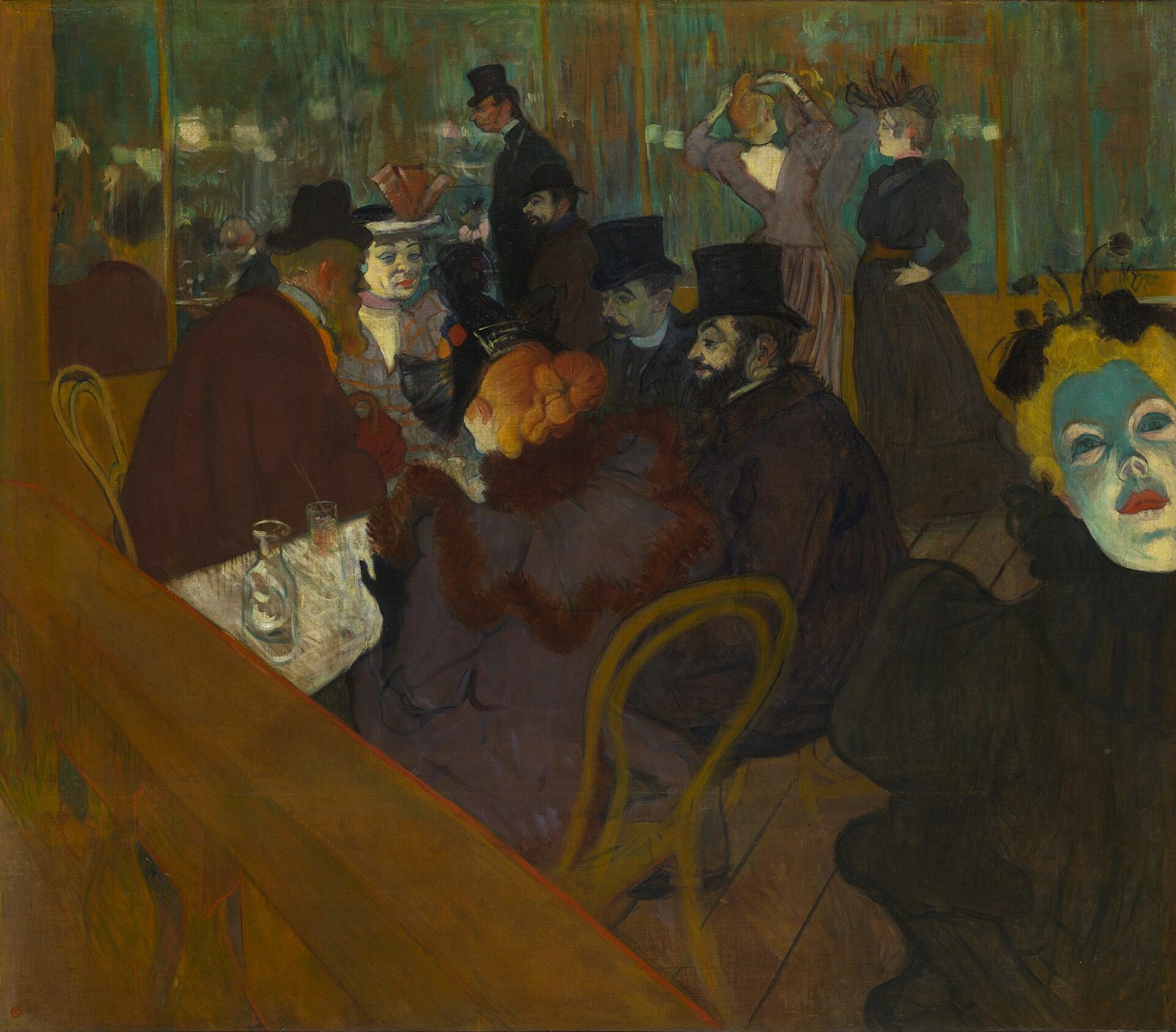 Hand-painted oil reproduction of At the Moulin Rouge, Toulouse-Lautrec nightclub crowd, a woman in green at the bar and a masked face in the mirror