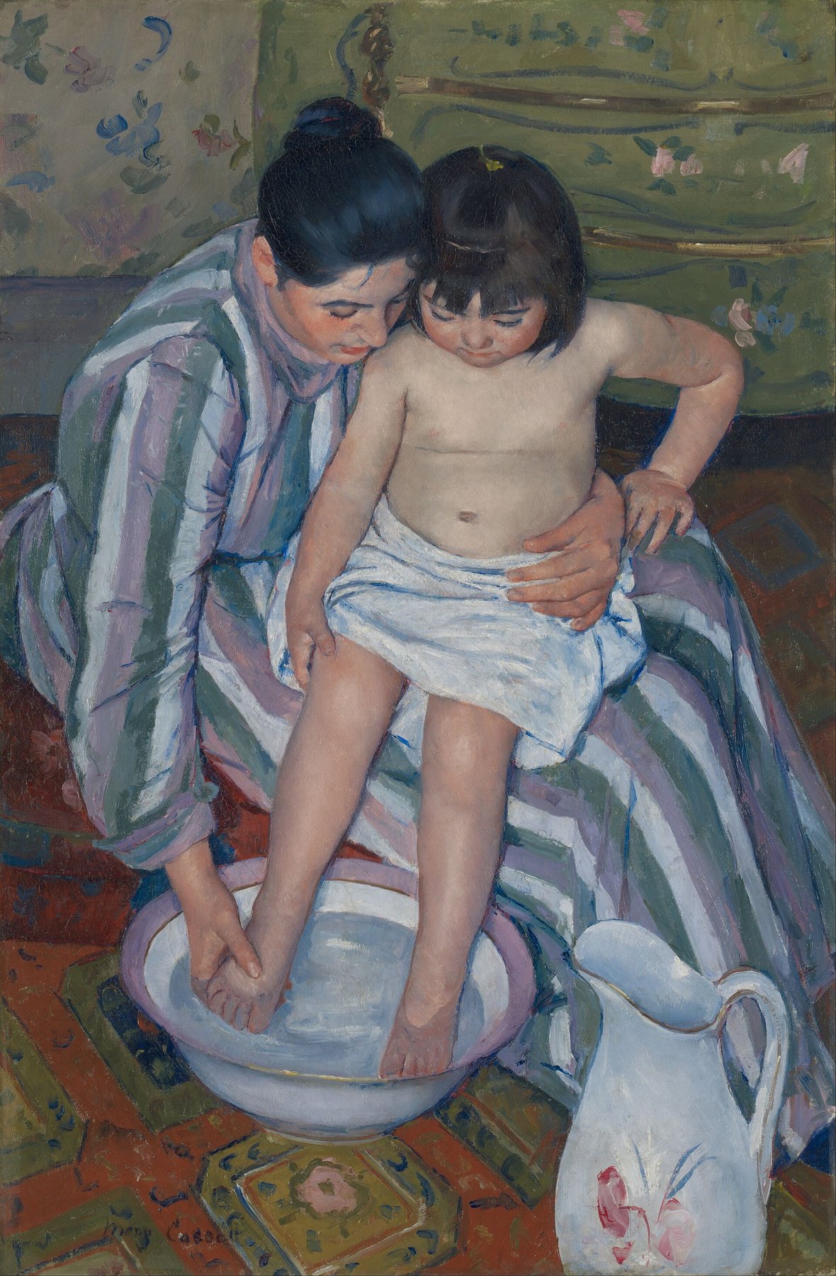 Hand-painted oil reproduction of The Child’s Bath, Cassatt mother washing a child’s feet in a basin seen from above on a patterned carpet