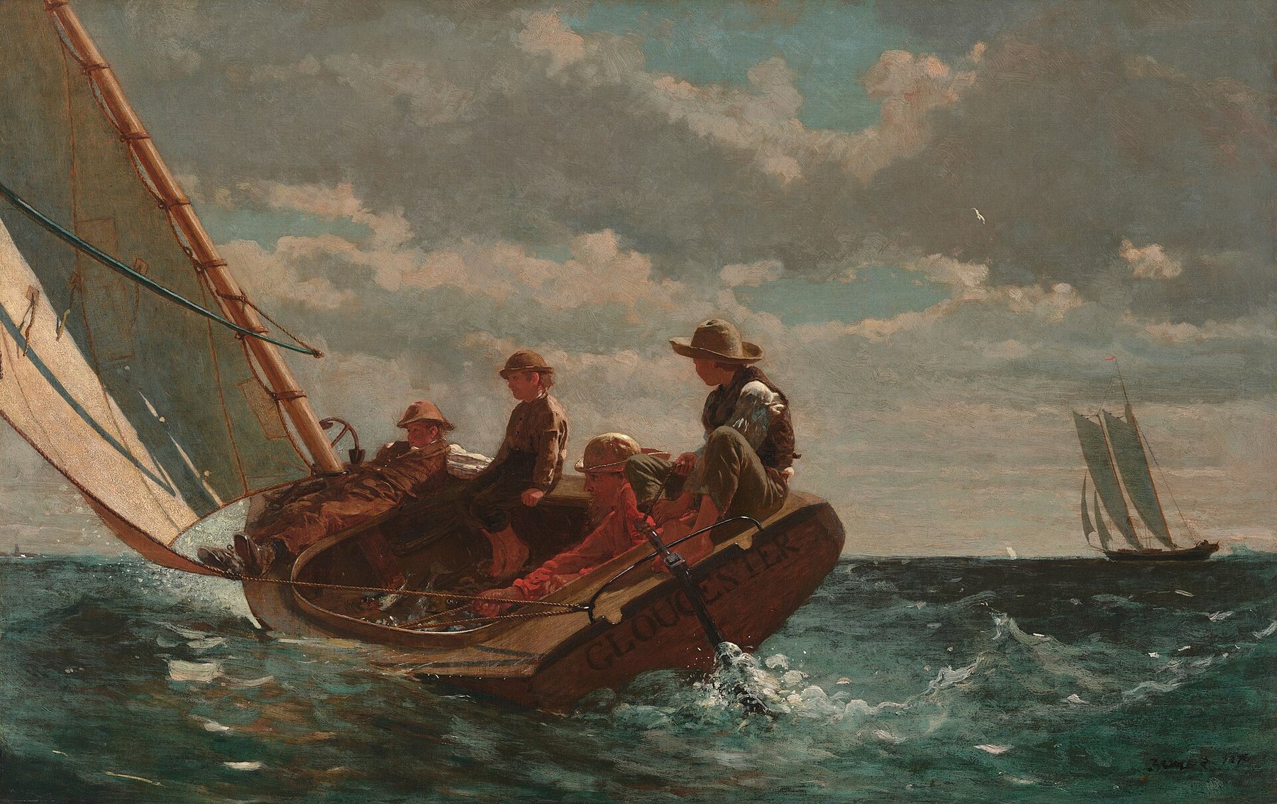 Hand-painted oil reproduction of Breezing Up, Homer three boys and a man sailing a small catboat in choppy blue water