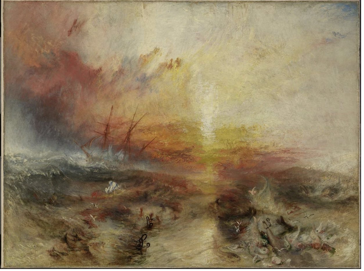 Hand-painted oil reproduction of The Slave Ship, Turner ship sailing into a red sunset as a shackled leg is thrown to the fish