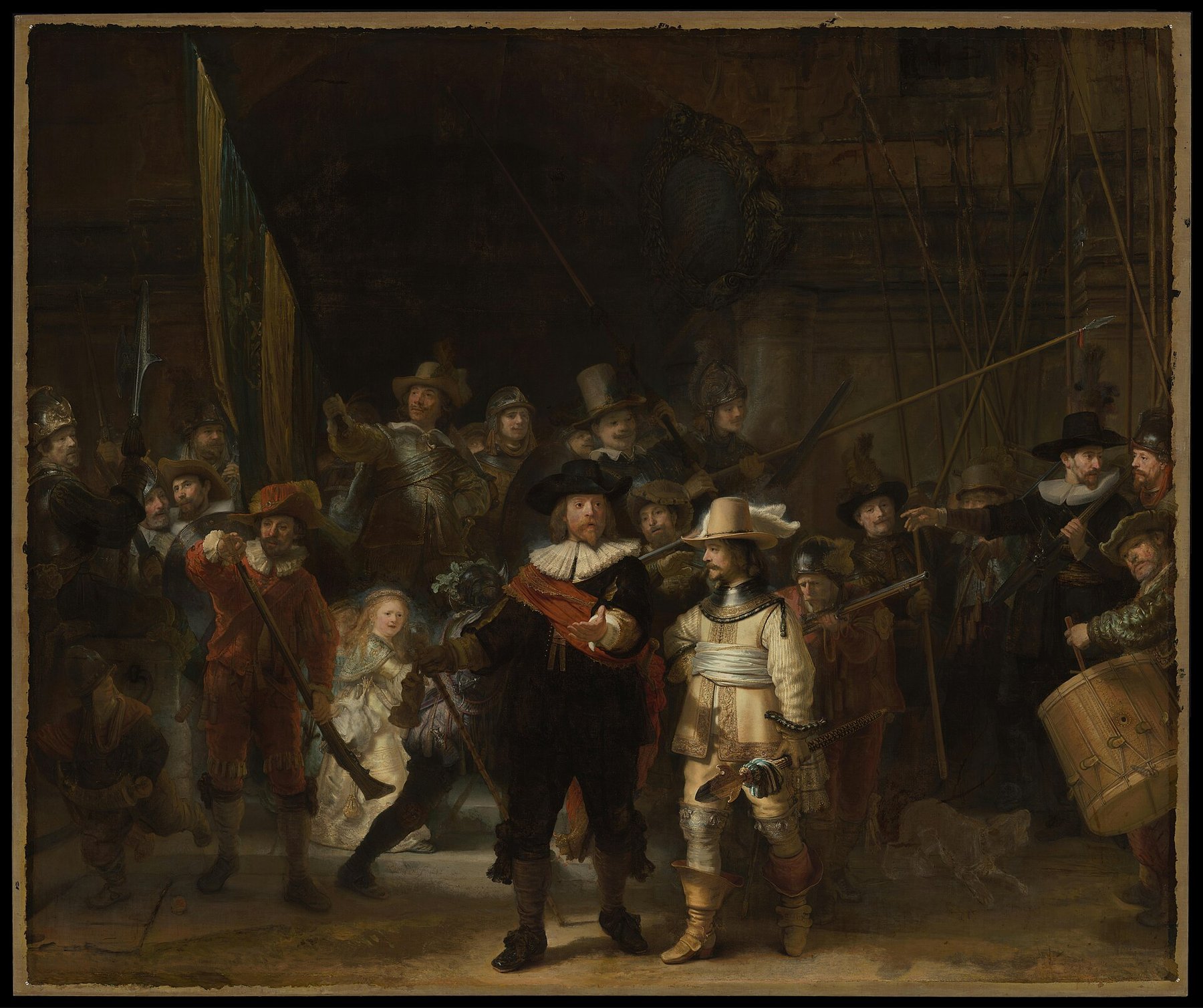 Hand-painted oil reproduction of The Night Watch, Rembrandt 1642 Baroque group portrait of a civic militia emerging from darkness into golden light