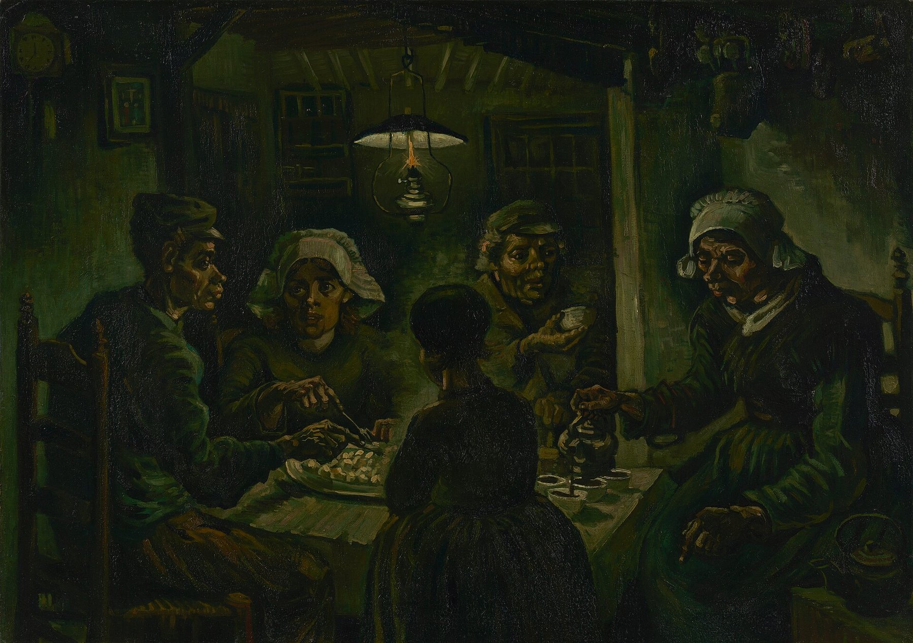 Hand-painted oil reproduction of The Potato Eaters, the 1885 Vincent van Gogh scene of a peasant family sharing a lamp-lit supper