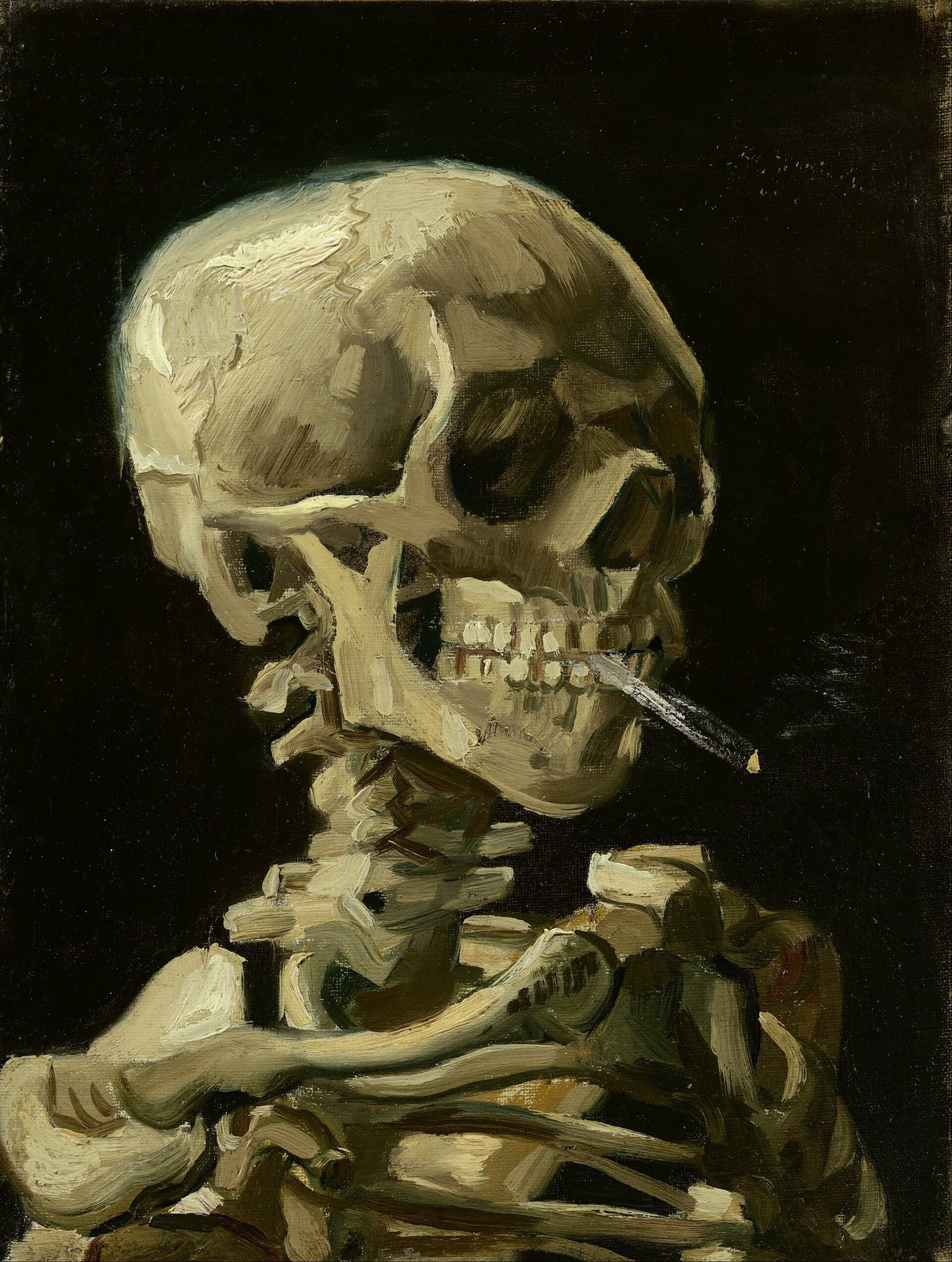Hand-painted oil reproduction of Head of a Skeleton with a Burning Cigarette, the 1886 Vincent van Gogh darkly witty study from his Antwerp years
