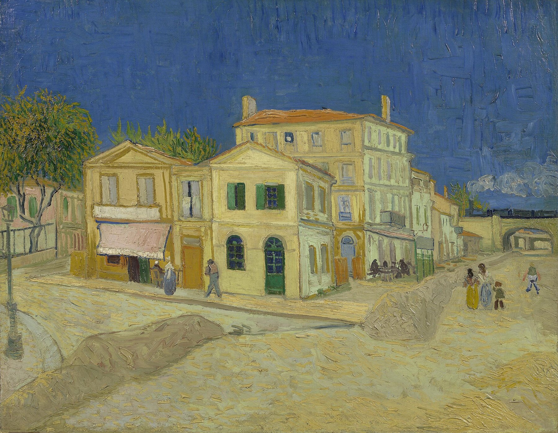 Hand-painted oil reproduction of The Yellow House, the 1888 Vincent van Gogh street of his home and studio in Arles under a blue Provencal sky