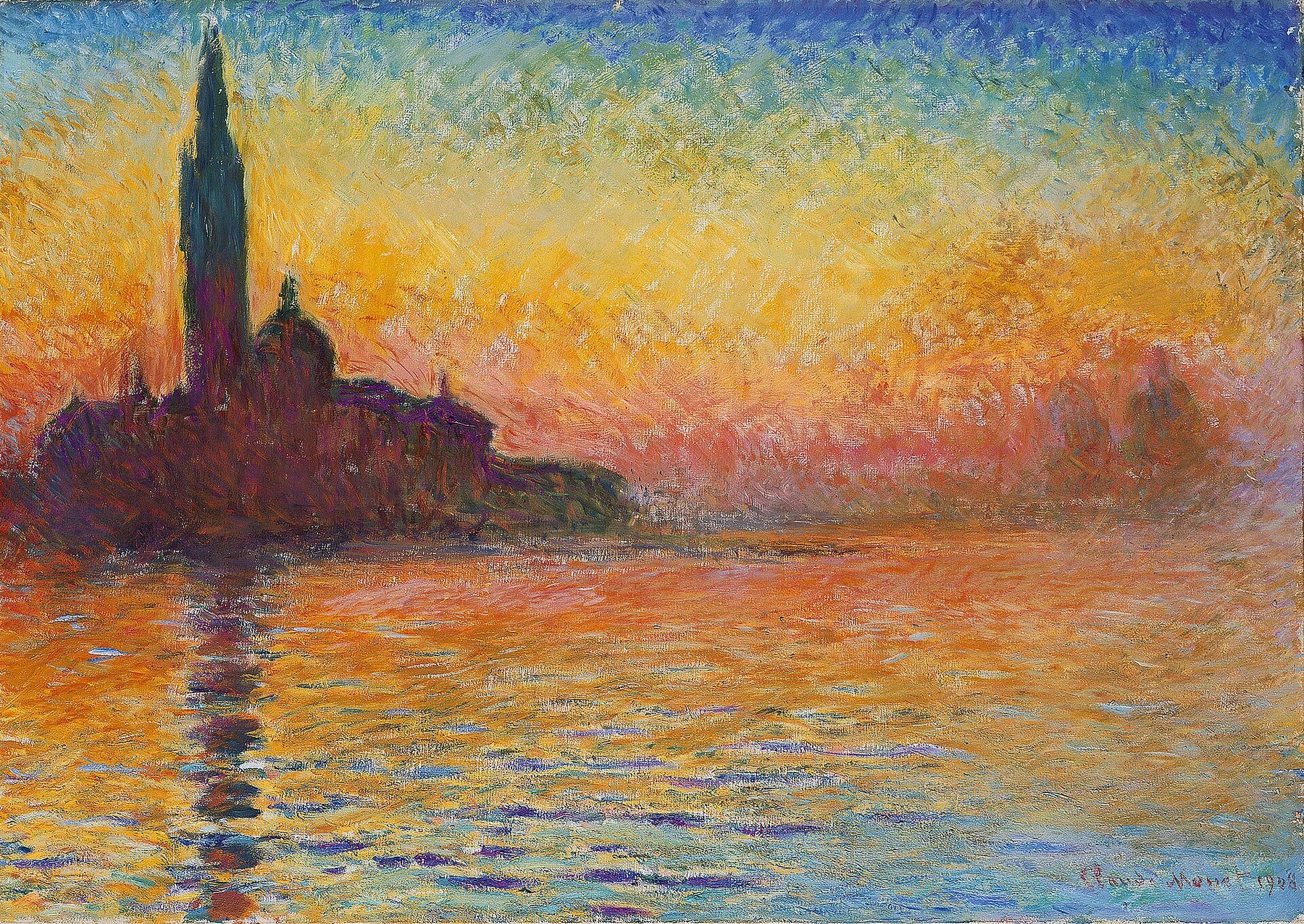 Hand-painted oil reproduction of San Giorgio Maggiore at Dusk, the 1908 Claude Monet Venetian sunset dissolving the church in pink and orange