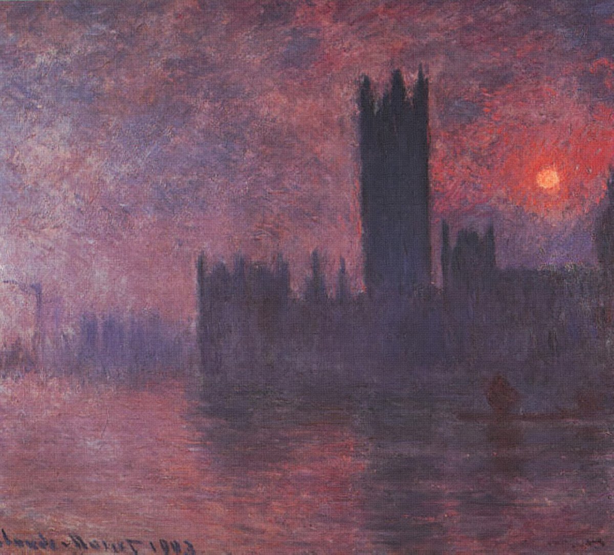 Hand-painted oil reproduction of Houses of Parliament, Sunset, the 1904 Claude Monet Westminster dissolved into violet haze and burning light