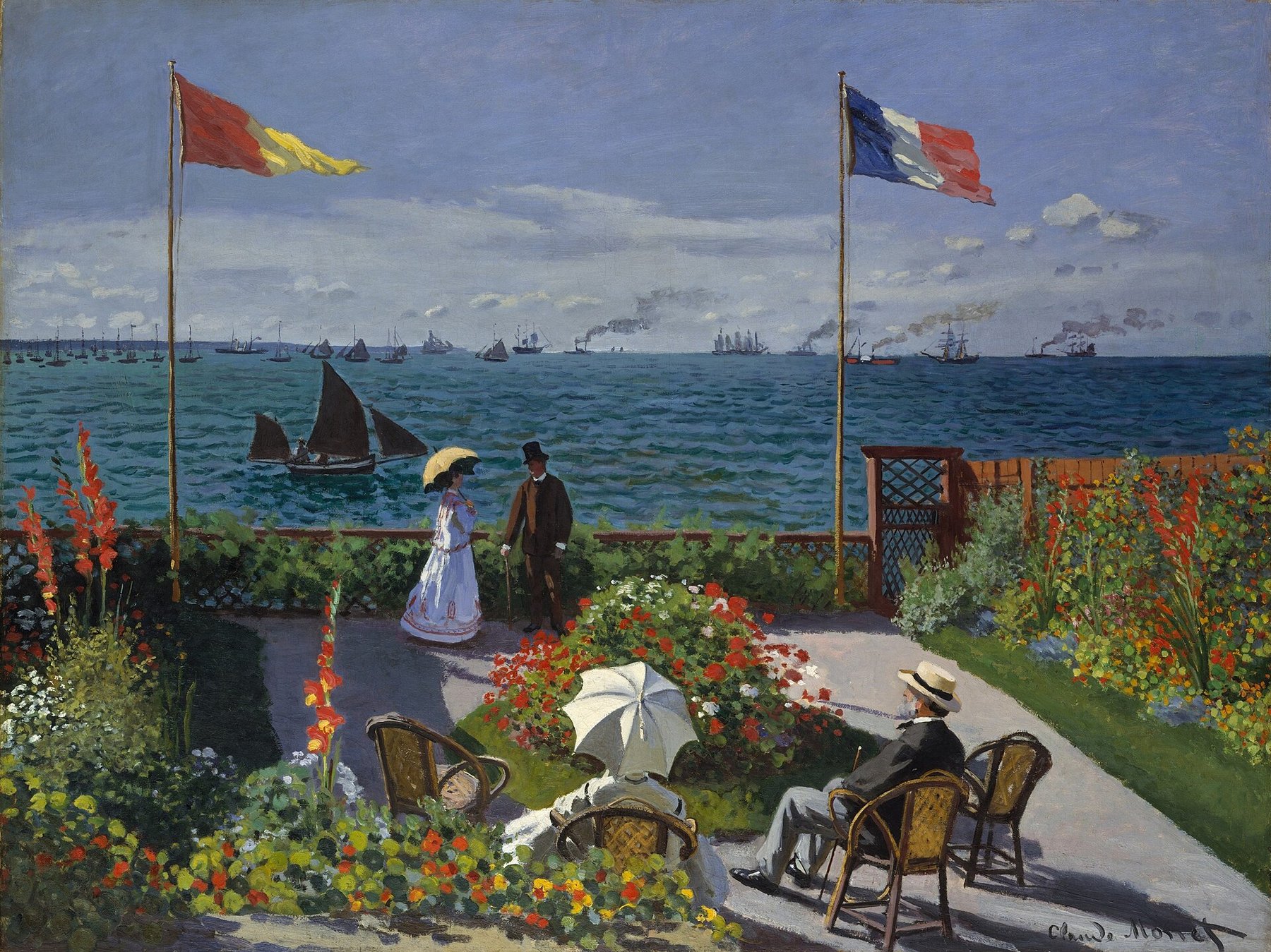 Hand-painted oil reproduction of Garden at Sainte-Adresse, the 1867 Claude Monet seaside terrace with flowerbeds, flagpoles and the Channel beyond