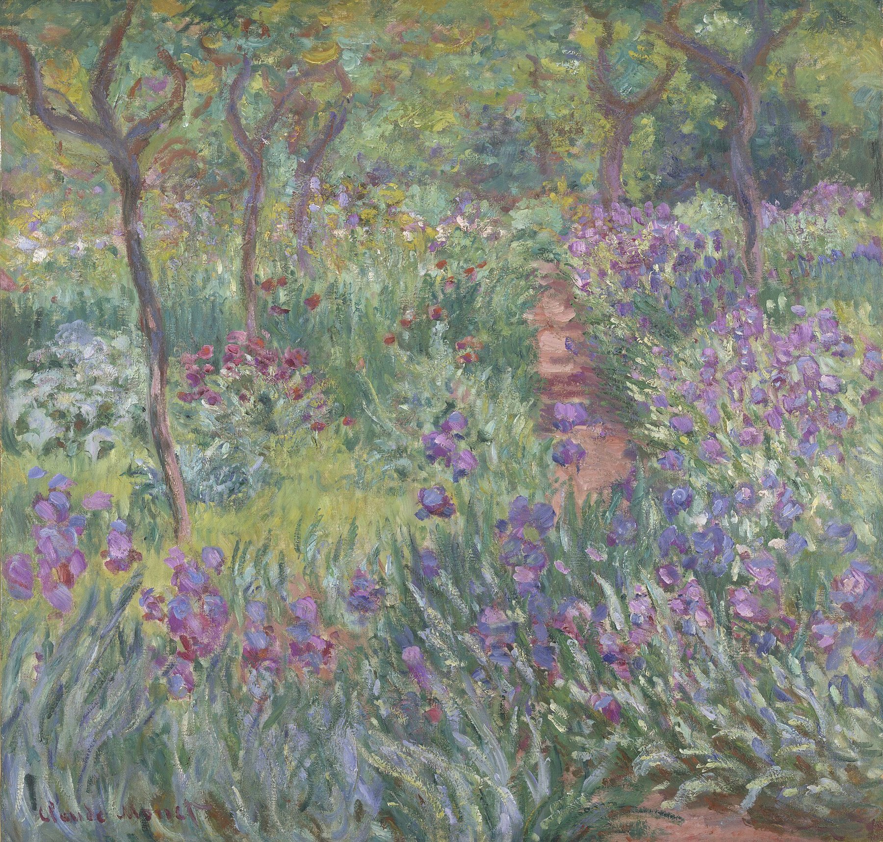 Hand-painted oil reproduction of The Artist’s Garden at Giverny, the 1900 Claude Monet row of purple irises beneath spring trees