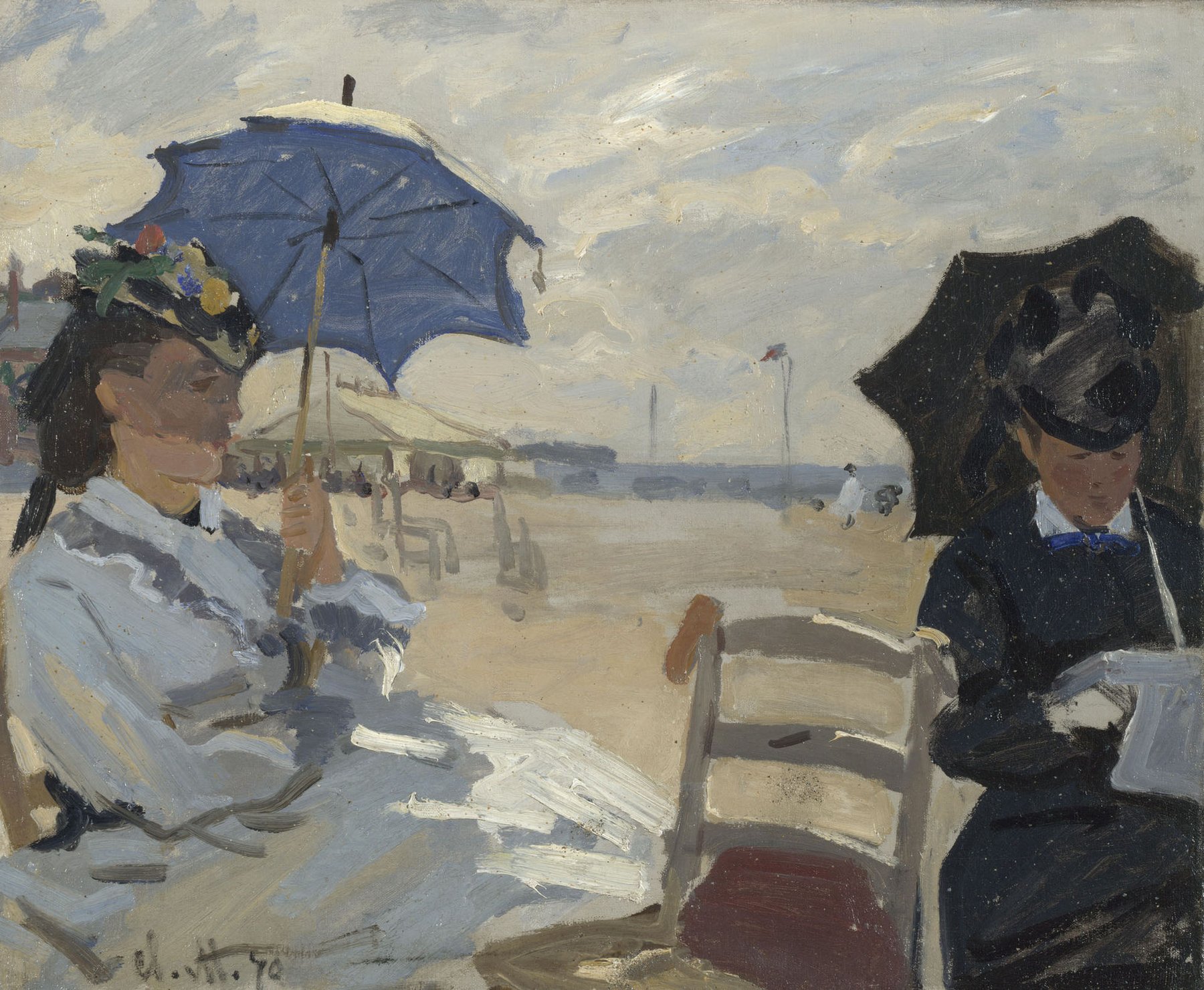 Hand-painted oil reproduction of The Beach at Trouville, the 1870 Claude Monet shore scene with parasols, flags and wind-blown sand
