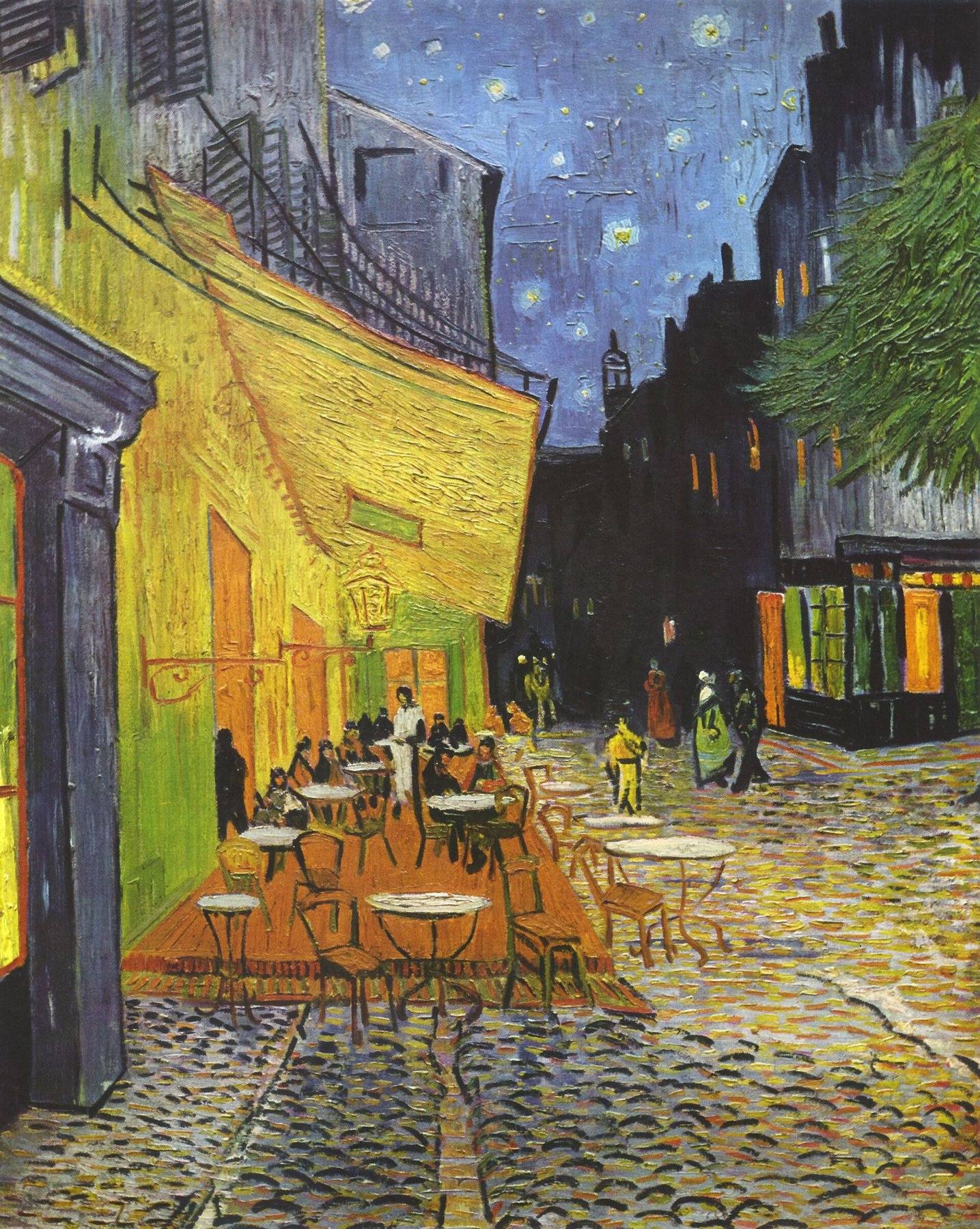 Hand-painted oil reproduction of Café Terrace at Night, Vincent van Gogh 1888 scene of a luminous terrace under a deep blue starlit sky in Arles