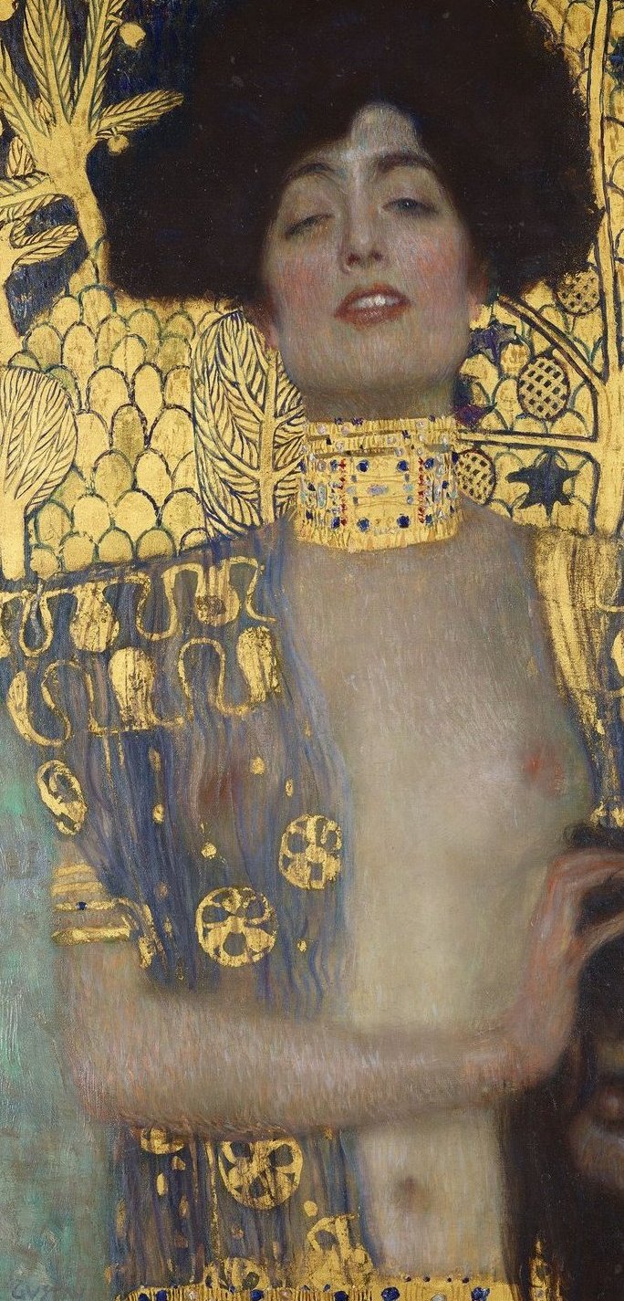 Hand-painted oil reproduction of Judith and the Head of Holofernes, the 1901 Gustav Klimt golden portrait of Judith with a faint smile