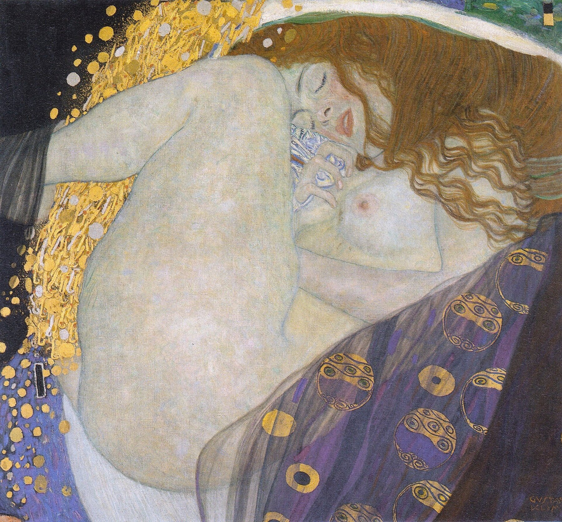 Hand-painted oil reproduction of Danaë, the 1907 Gustav Klimt study of the body wrapped in a rain of gold